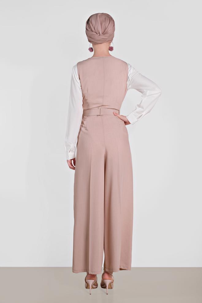 Tesettür giyim PUDRA KRUVAZE DÜĞMELİ CEPLİ TULUM 4479 - ALVİNA