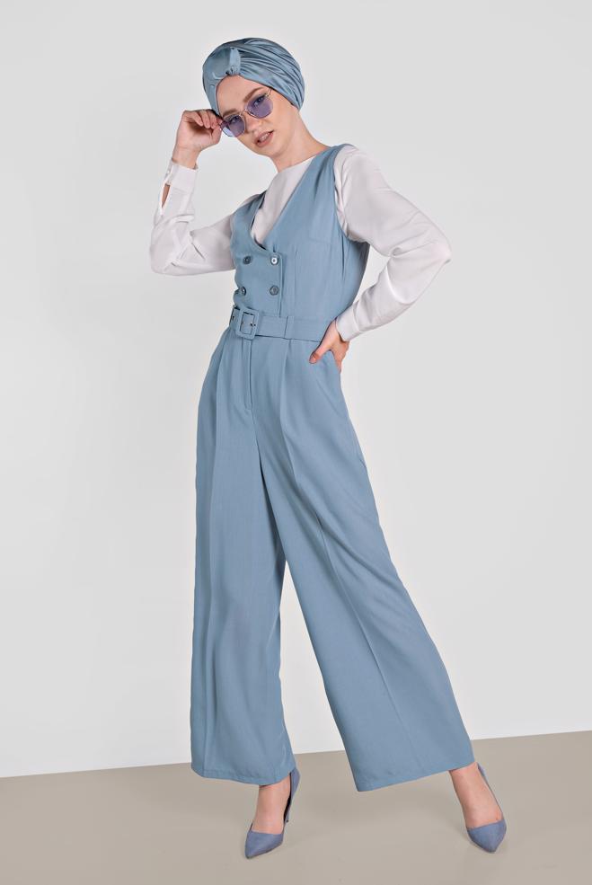 Vêtements hijab BLEU SALOPETTE DOUBLE BOUTONNAGE AVEC POCHE 4479 - ALVİNA