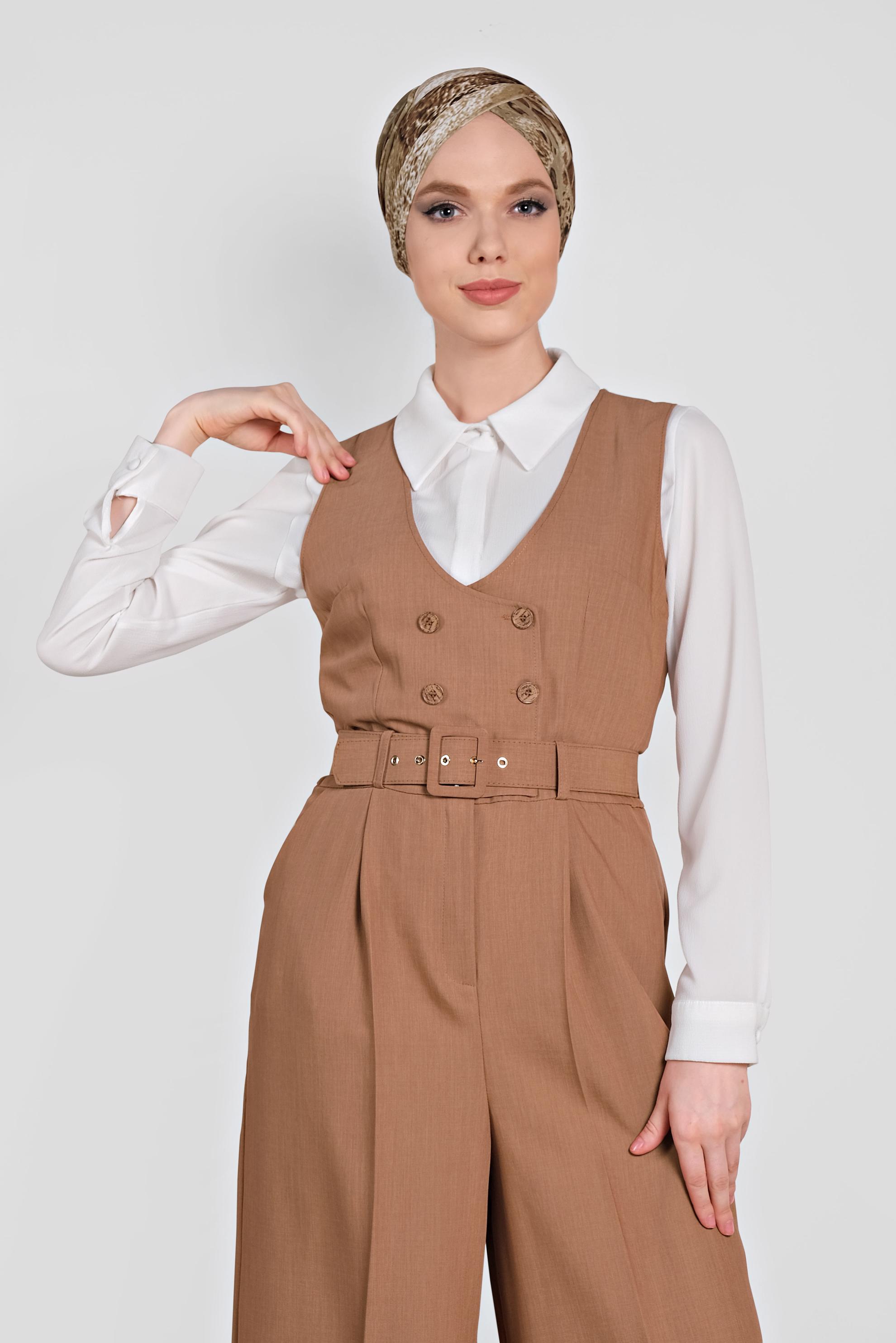 Tesettür giyim KAHVE KRUVAZE DÜĞMELİ CEPLİ TULUM 4479