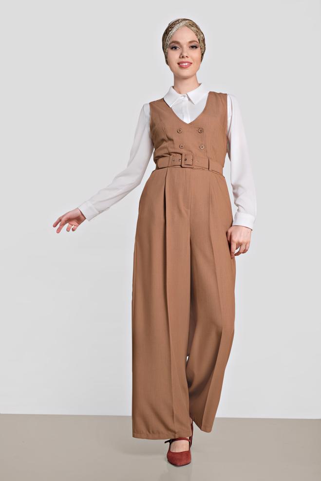 Tesettür giyim KAHVE KRUVAZE DÜĞMELİ CEPLİ TULUM 4479 - ALVİNA