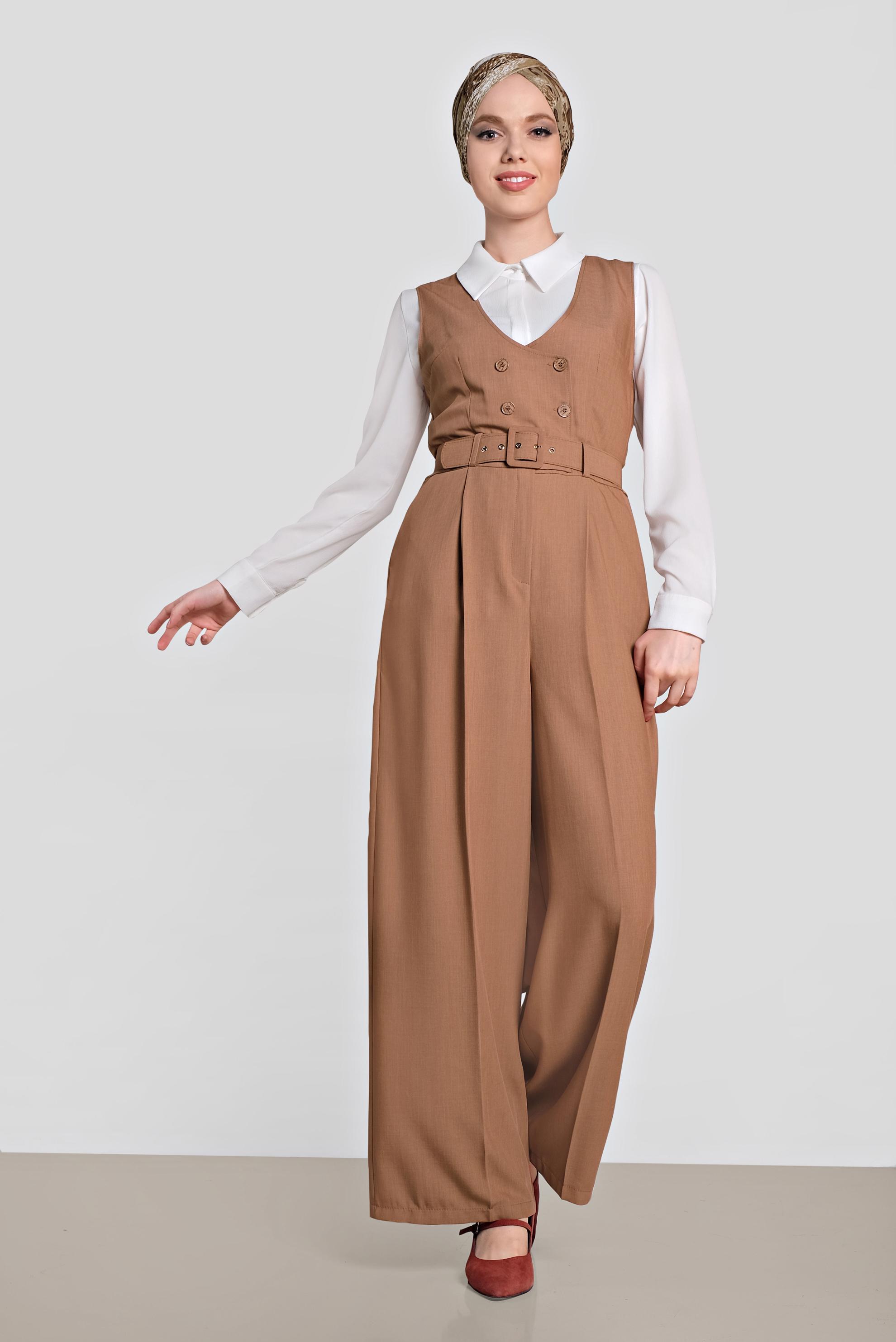 Tesettür giyim KAHVE KRUVAZE DÜĞMELİ CEPLİ TULUM 4479