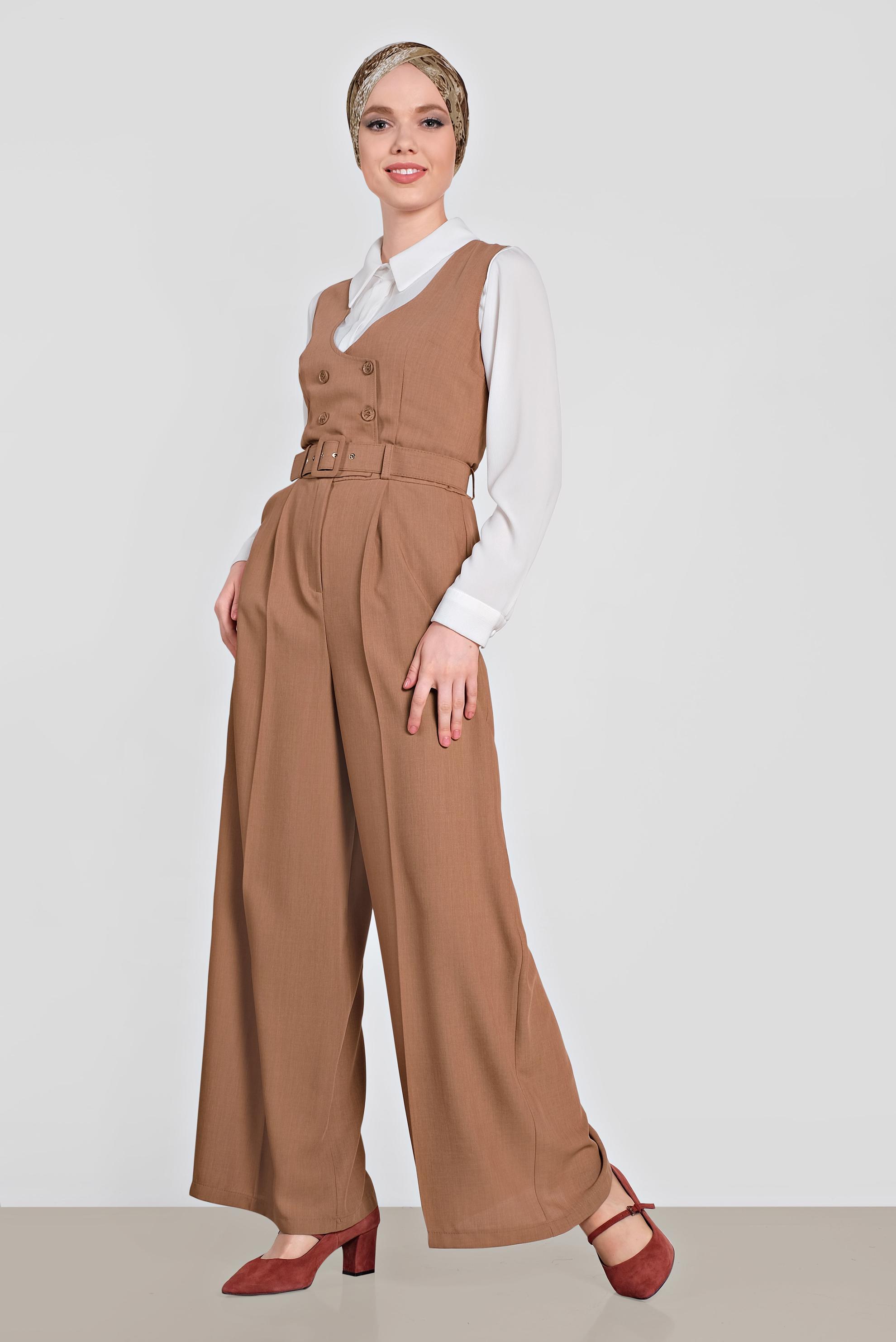 Tesettür giyim KAHVE KRUVAZE DÜĞMELİ CEPLİ TULUM 4479