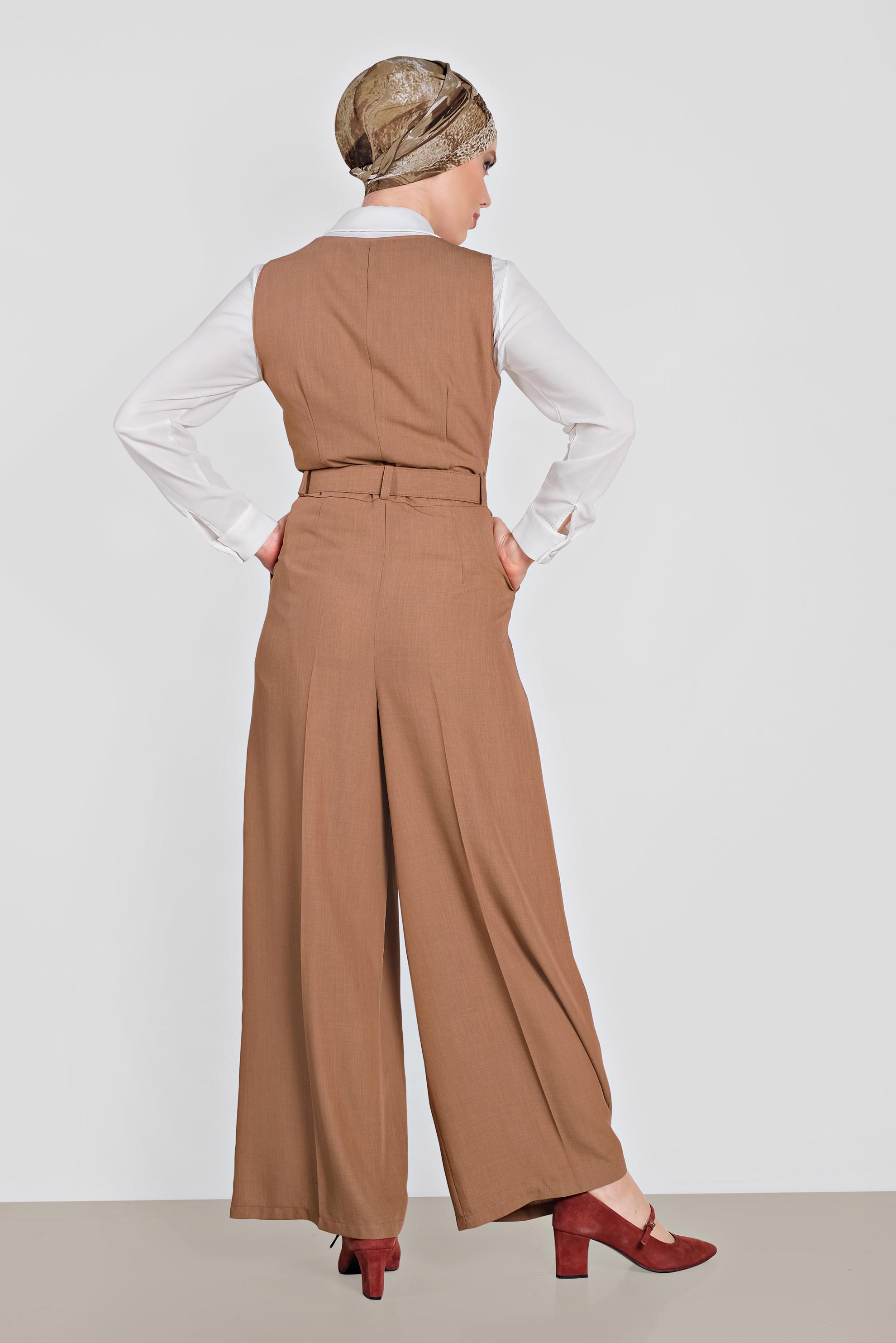 Tesettür giyim KAHVE KRUVAZE DÜĞMELİ CEPLİ TULUM 4479