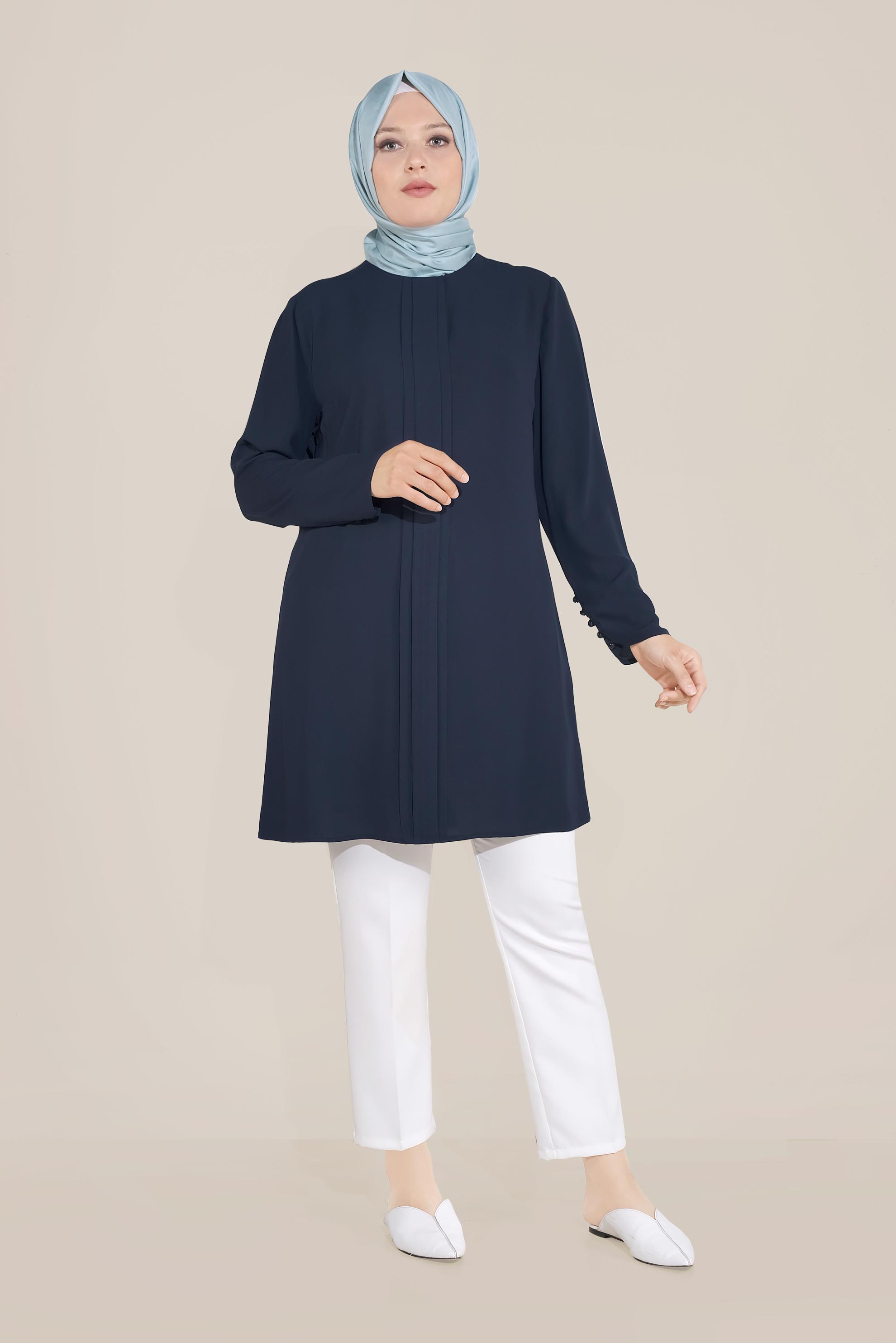 Tesettür giyim LACİVERT KOLLARI DÜĞMELİ BİSİKLET YAKA TUNİK 20035 