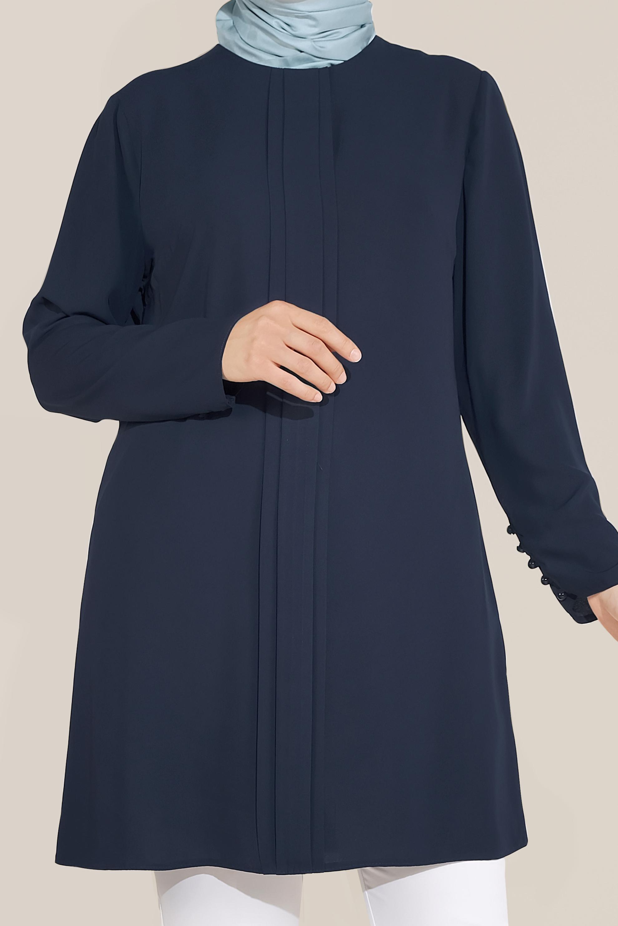Tesettür giyim LACİVERT KOLLARI DÜĞMELİ BİSİKLET YAKA TUNİK 20035 