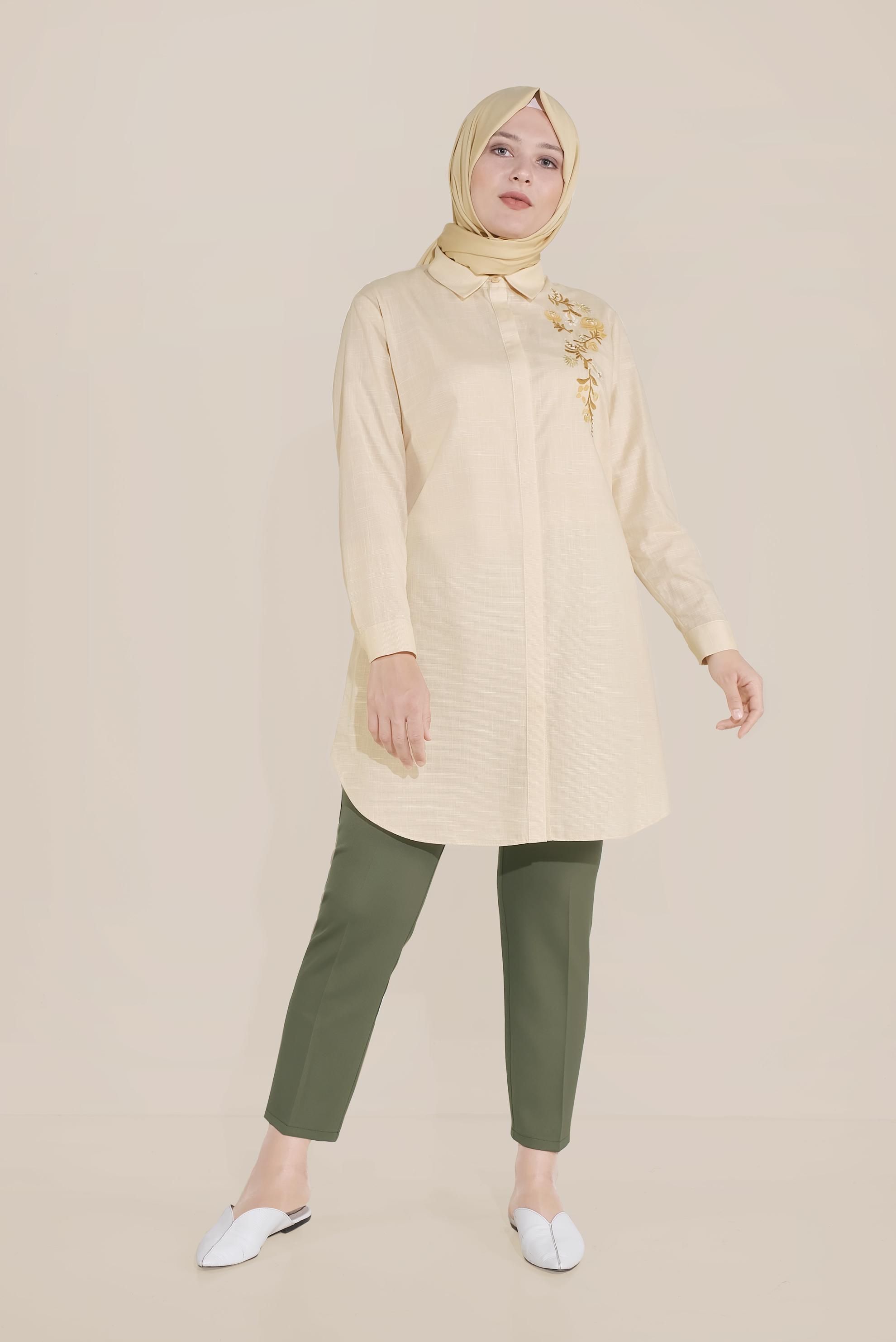 Hijab clothing BROWN EMBROIDERED DETAILED COTTON TUNIC 20047 