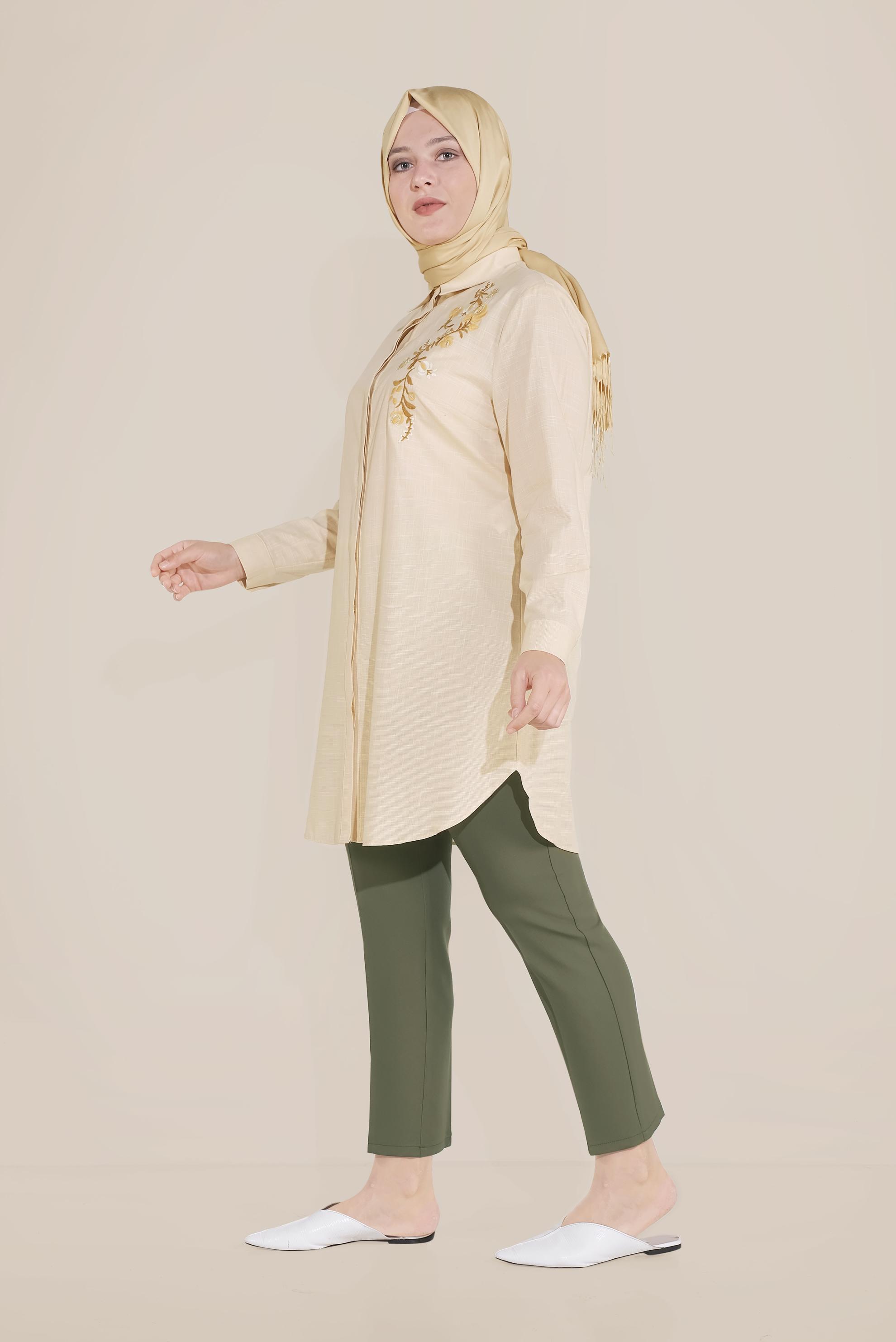 Hijab clothing BROWN EMBROIDERED DETAILED COTTON TUNIC 20047 