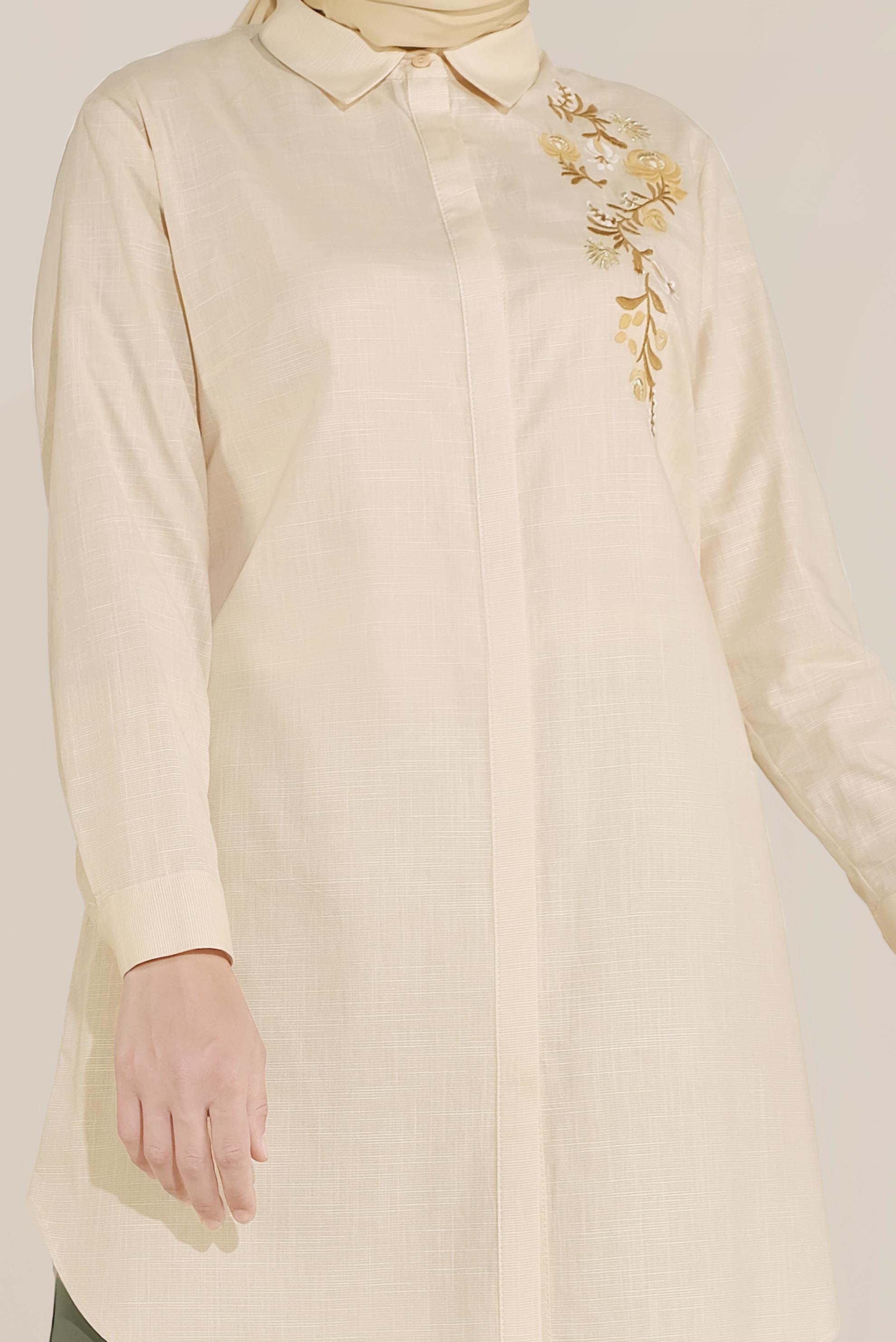 Hijab clothing BROWN EMBROIDERED DETAILED COTTON TUNIC 20047 