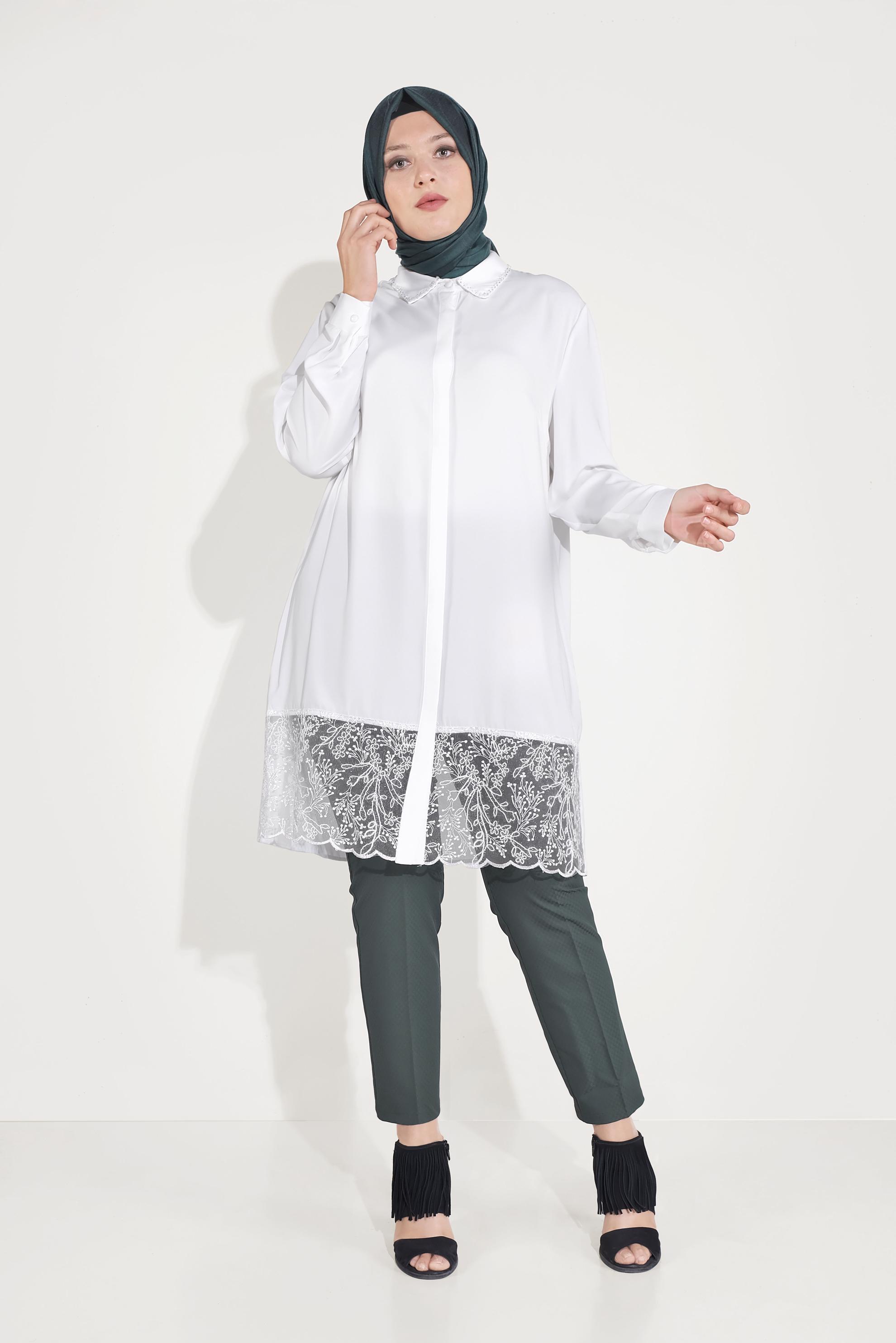 Hijab clothing WHITE HIDDEN BUTTONED LACY TUNIC 20049 