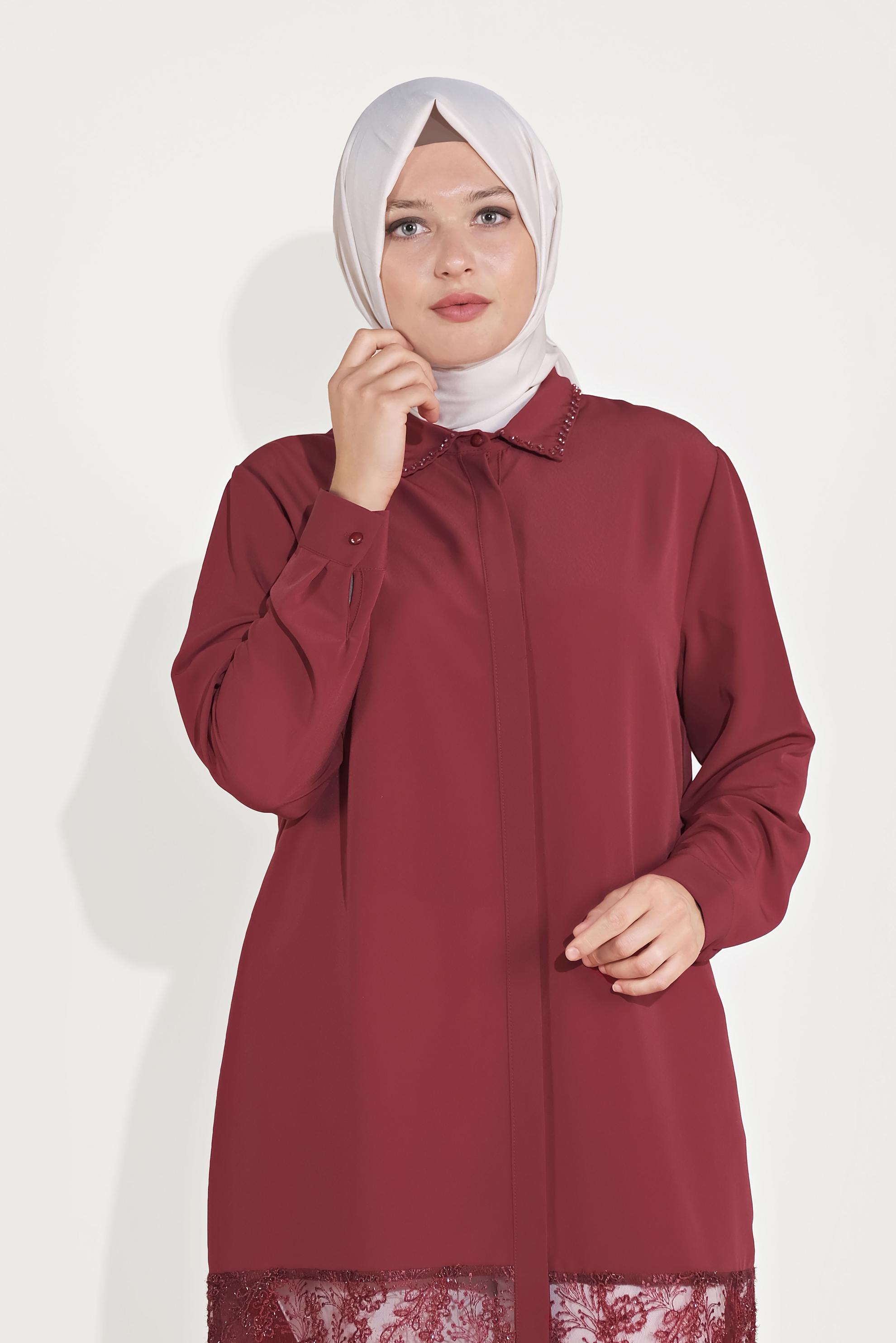 Tesettür giyim BORDO GİZLİ DÜĞMELİ DANTELLİ TUNİK 20049 