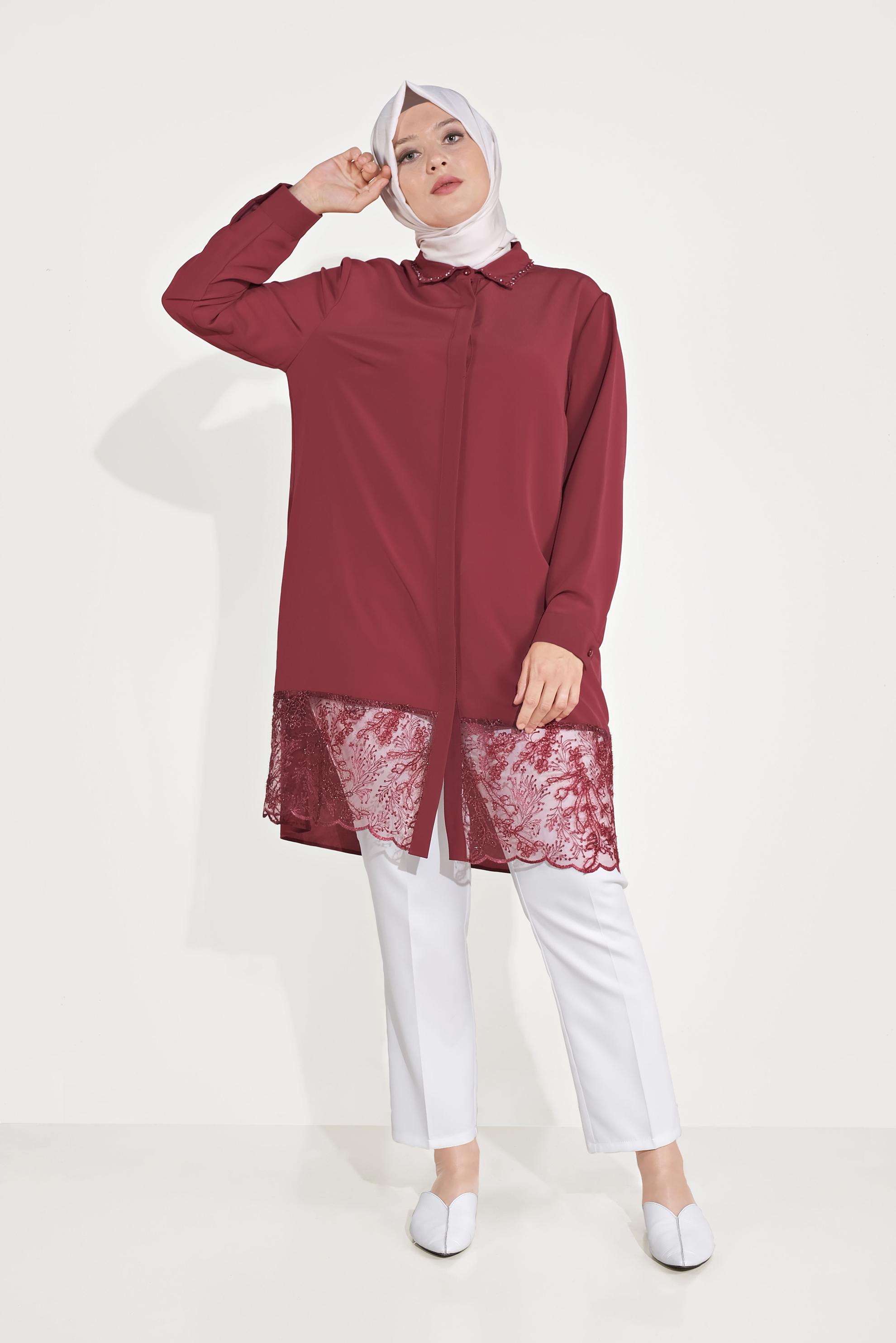 Tesettür giyim BORDO GİZLİ DÜĞMELİ DANTELLİ TUNİK 20049 
