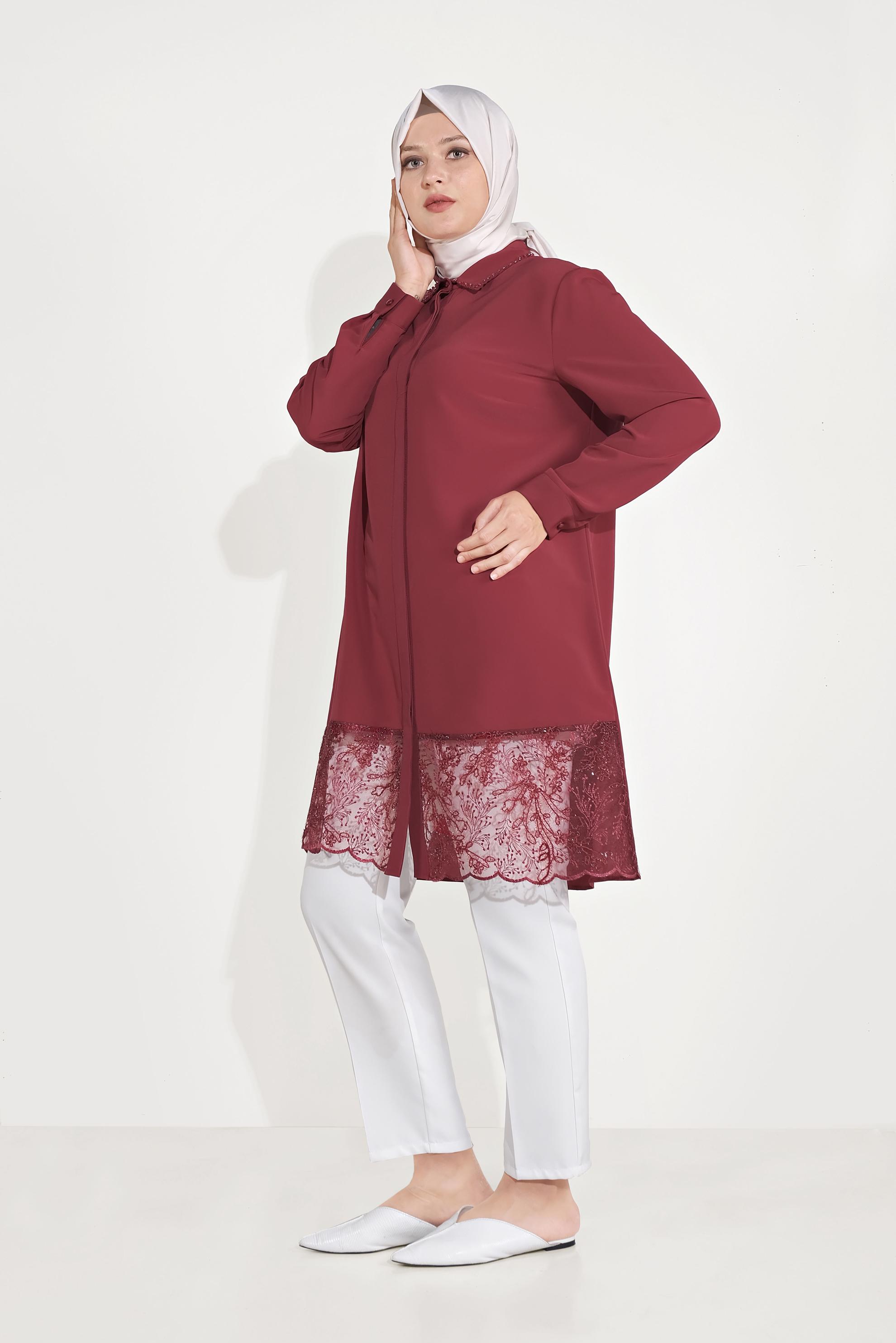 Tesettür giyim BORDO GİZLİ DÜĞMELİ DANTELLİ TUNİK 20049 