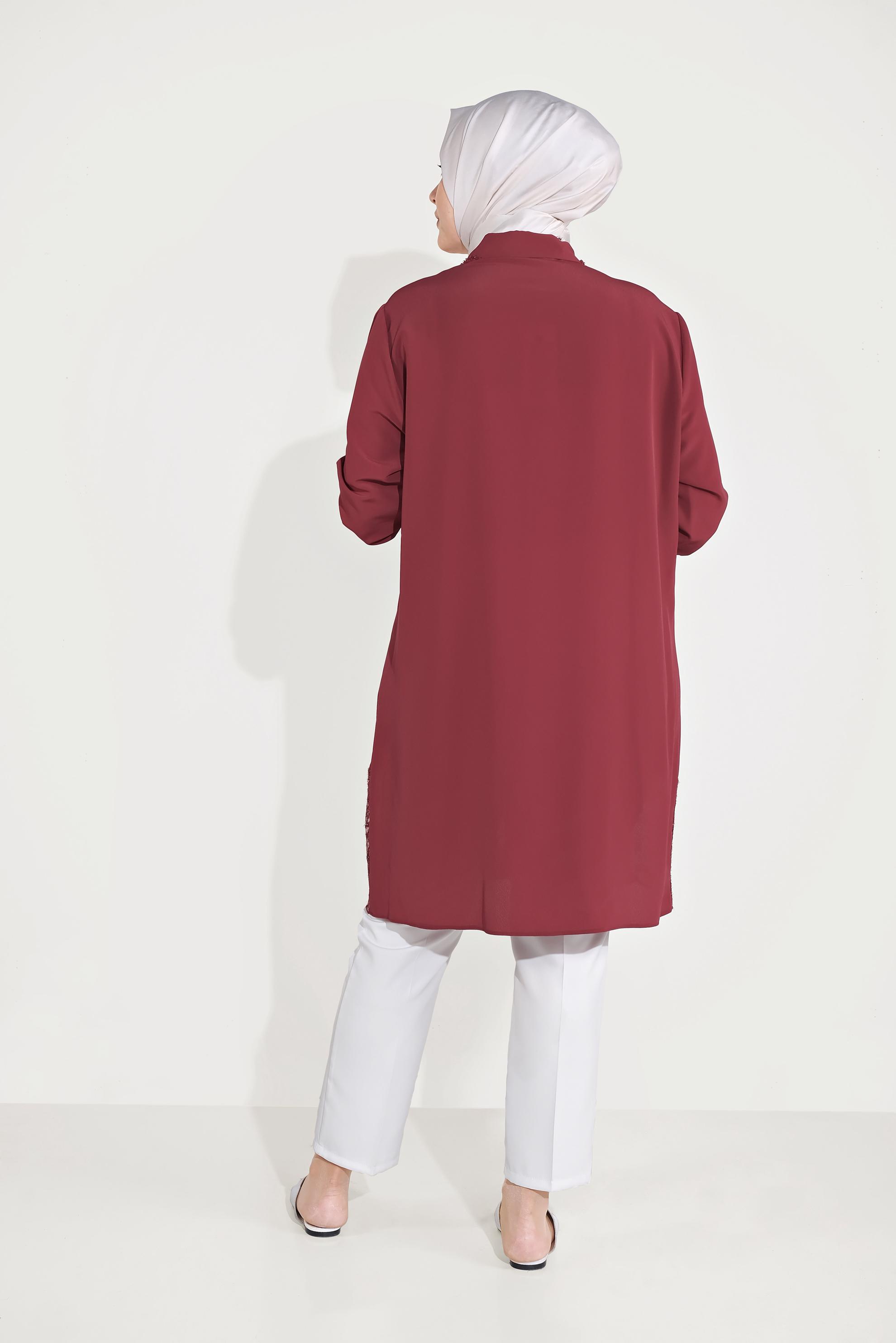 Tesettür giyim BORDO GİZLİ DÜĞMELİ DANTELLİ TUNİK 20049 