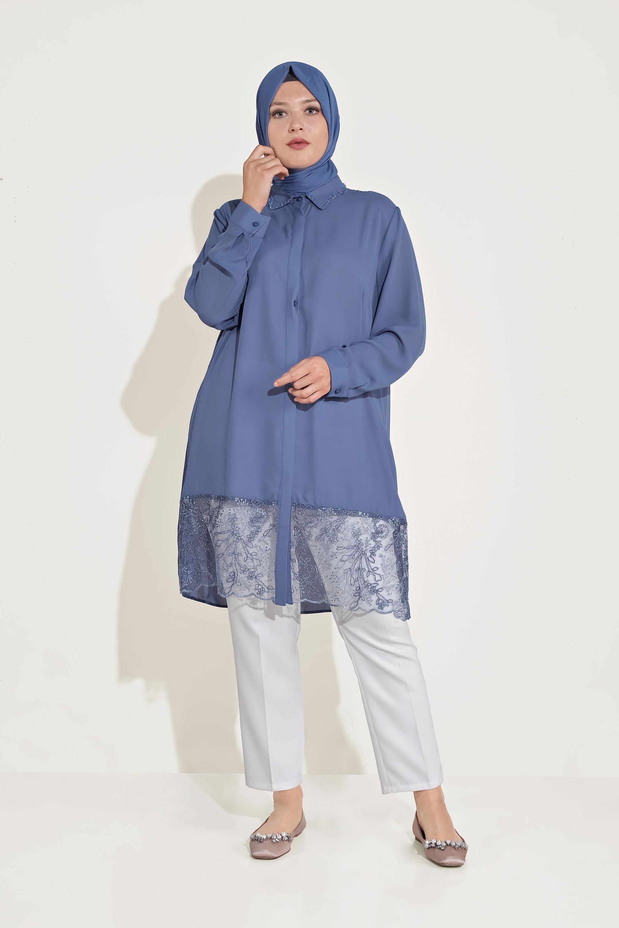 Tesettür giyim LACİVERT GİZLİ DÜĞMELİ DANTELLİ TUNİK 20049 