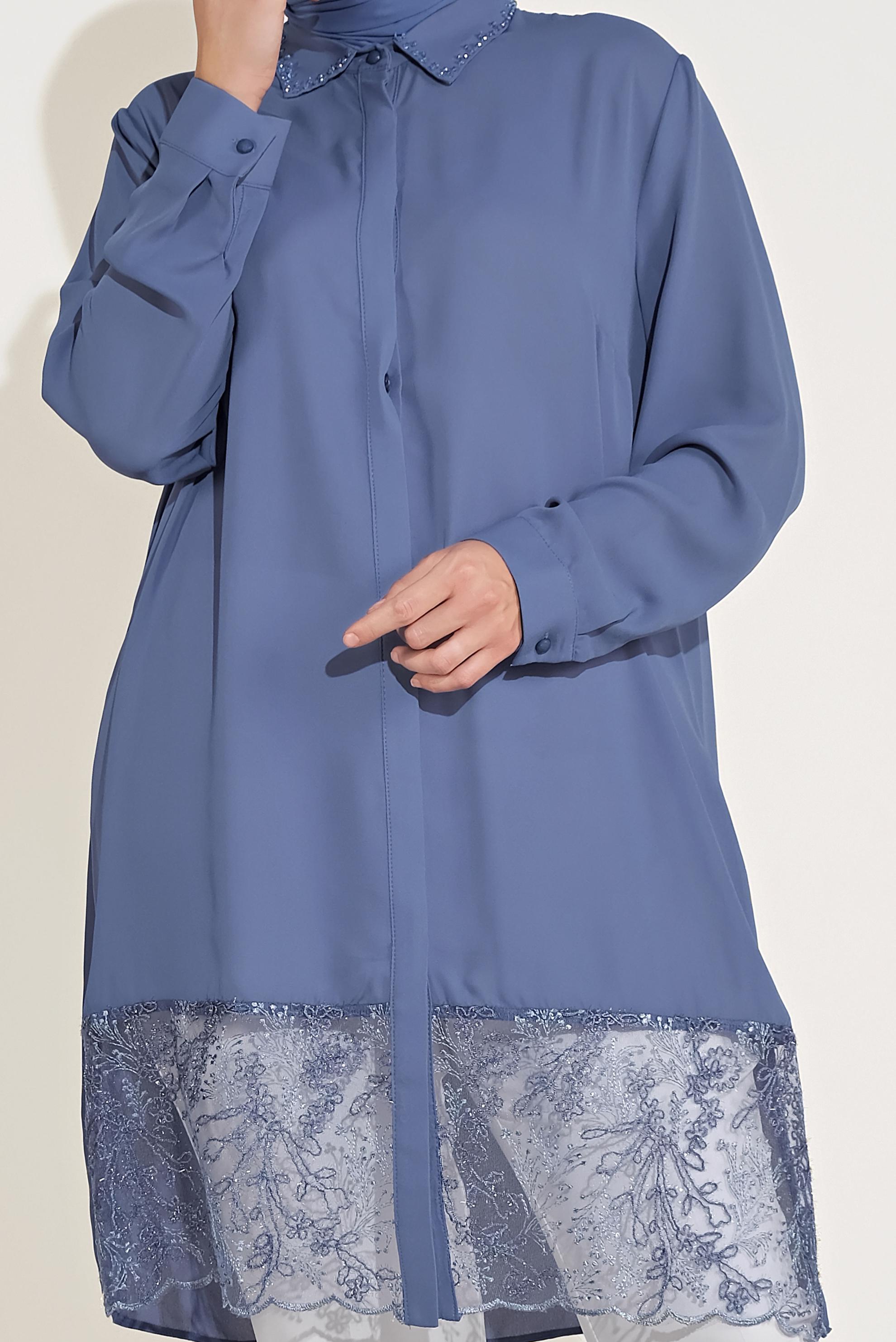 Tesettür giyim LACİVERT GİZLİ DÜĞMELİ DANTELLİ TUNİK 20049 