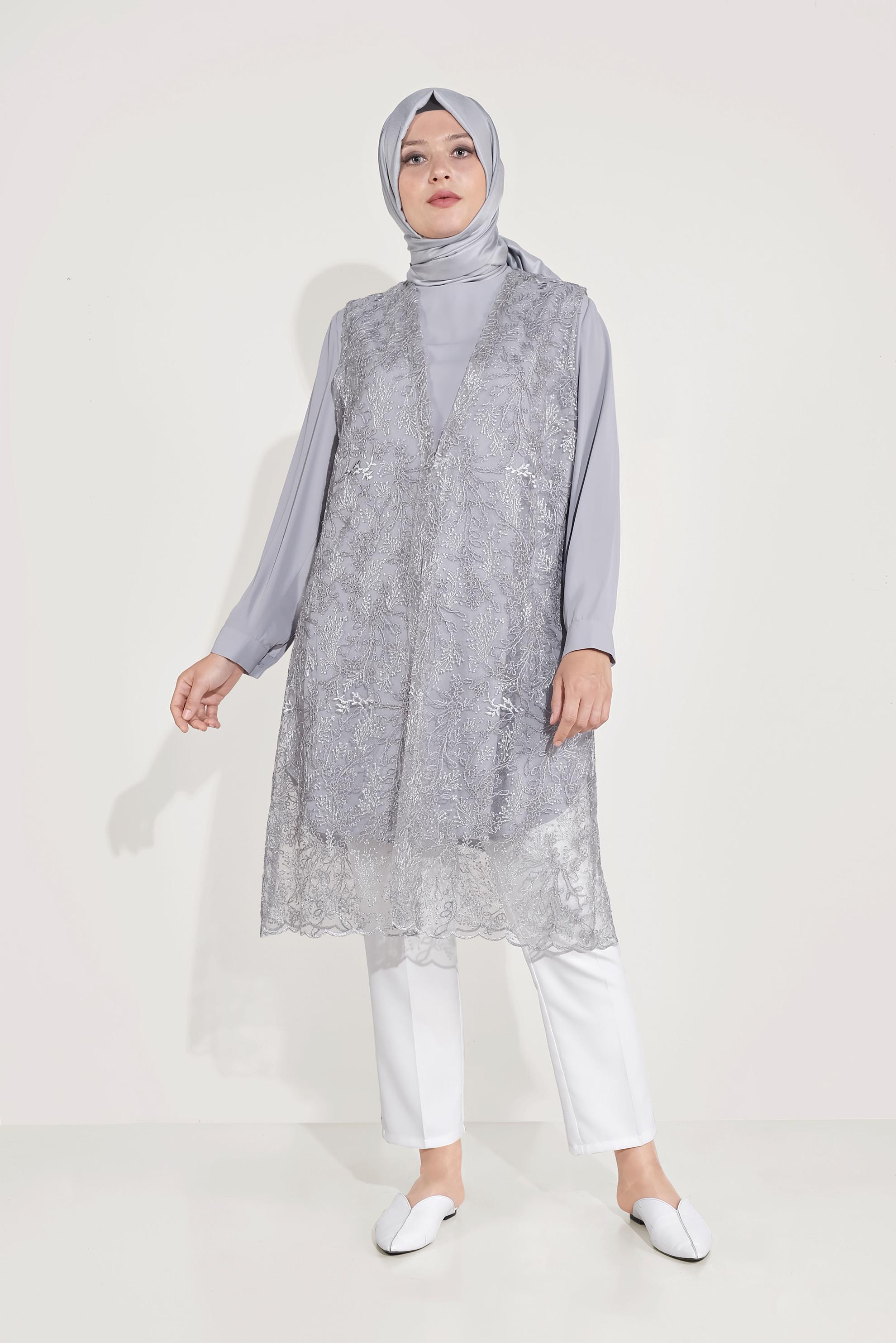 Tesettür giyim GRİ DANTELLİ SİMLİ İKİLİ TUNİK 20050 
