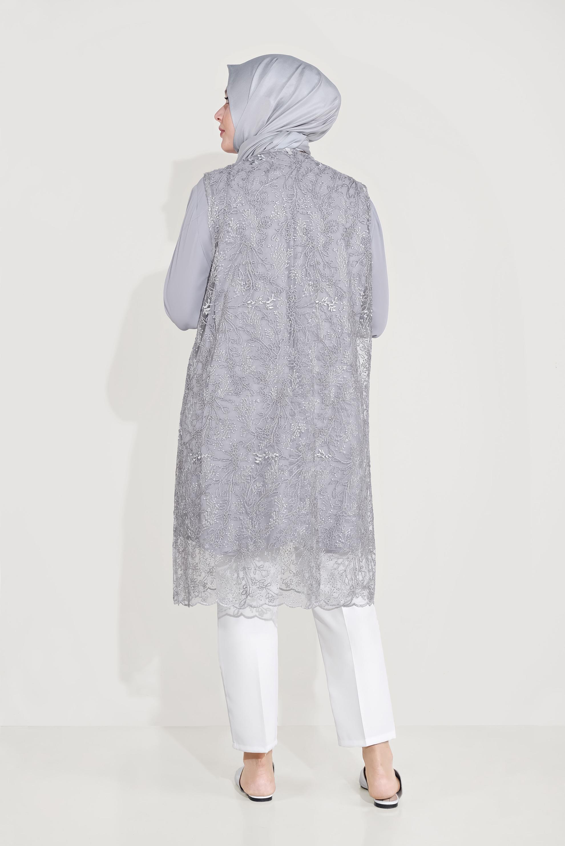 Tesettür giyim GRİ DANTELLİ SİMLİ İKİLİ TUNİK 20050 