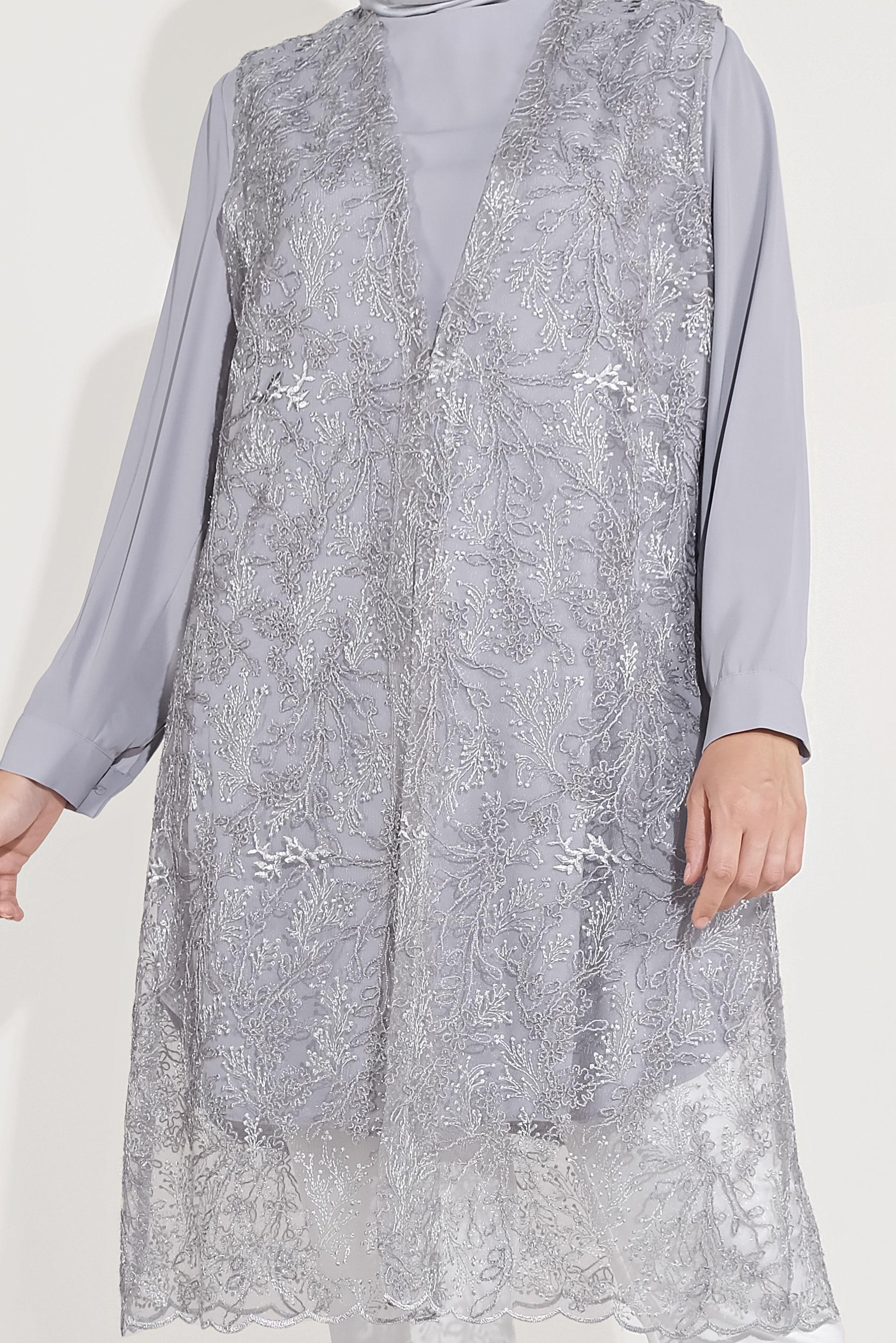 Tesettür giyim GRİ DANTELLİ SİMLİ İKİLİ TUNİK 20050 