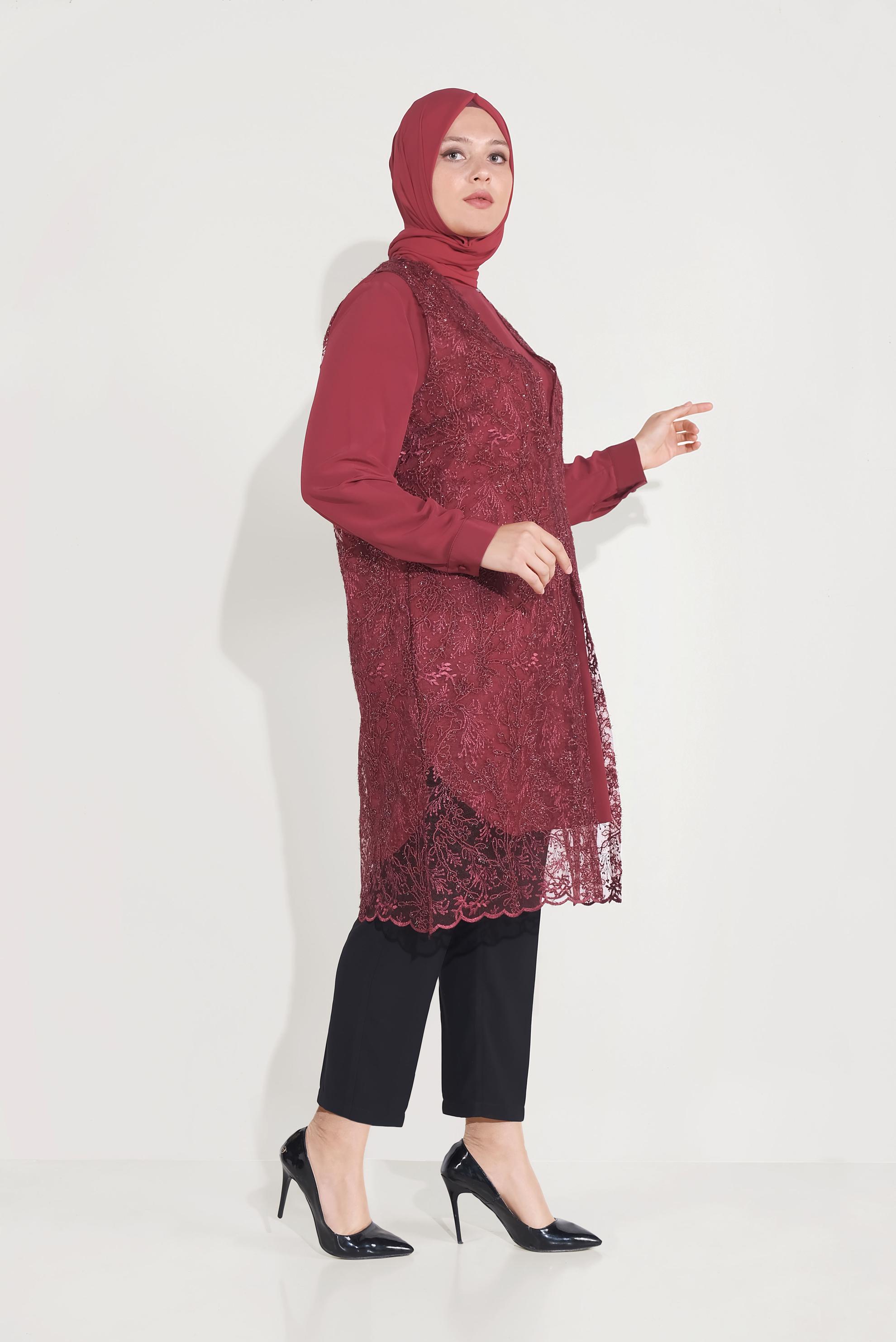 Tesettür giyim BORDO DANTELLİ SİMLİ İKİLİ TUNİK 20050 