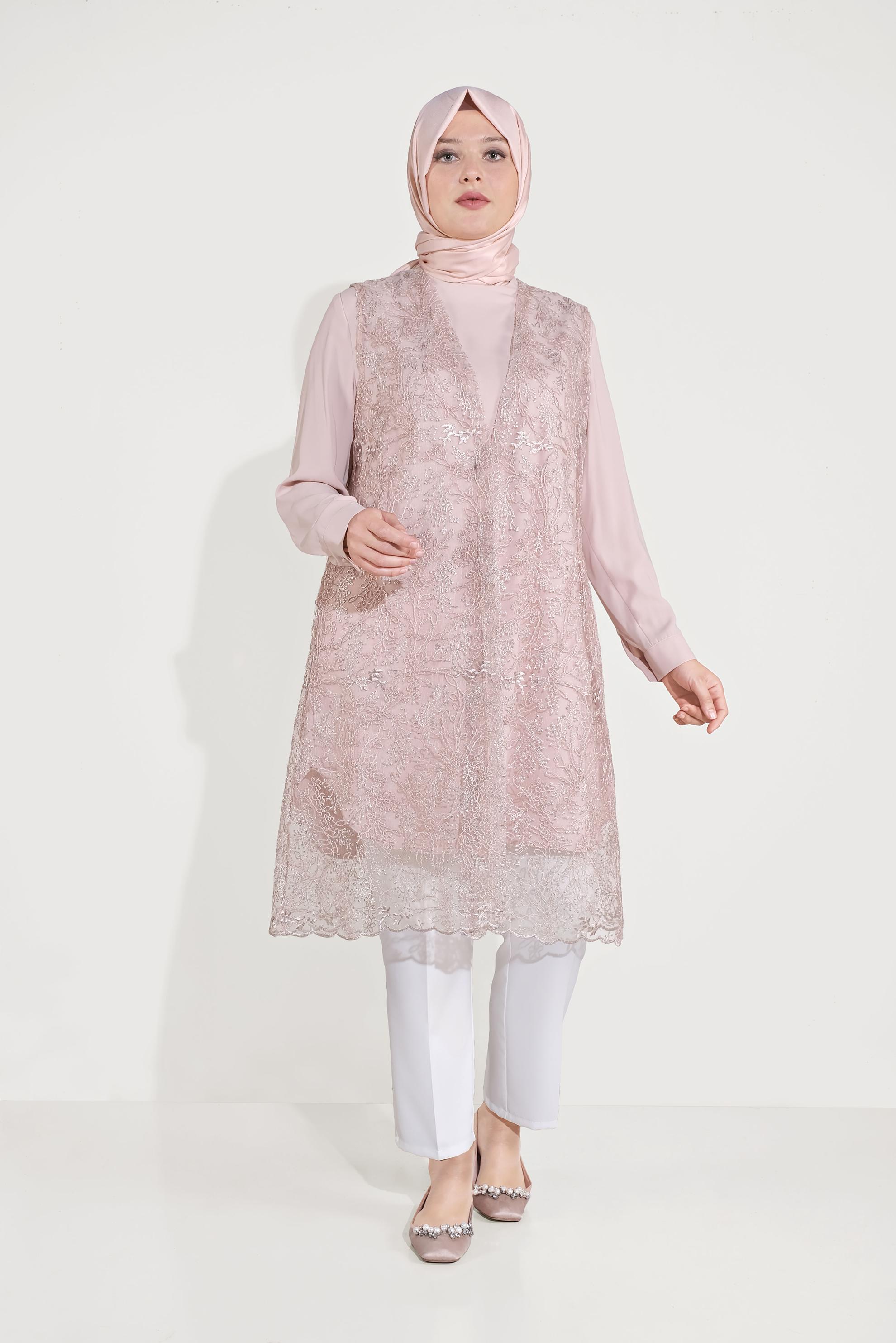 Tesettür giyim PUDRA DANTELLİ SİMLİ İKİLİ TUNİK 20050 