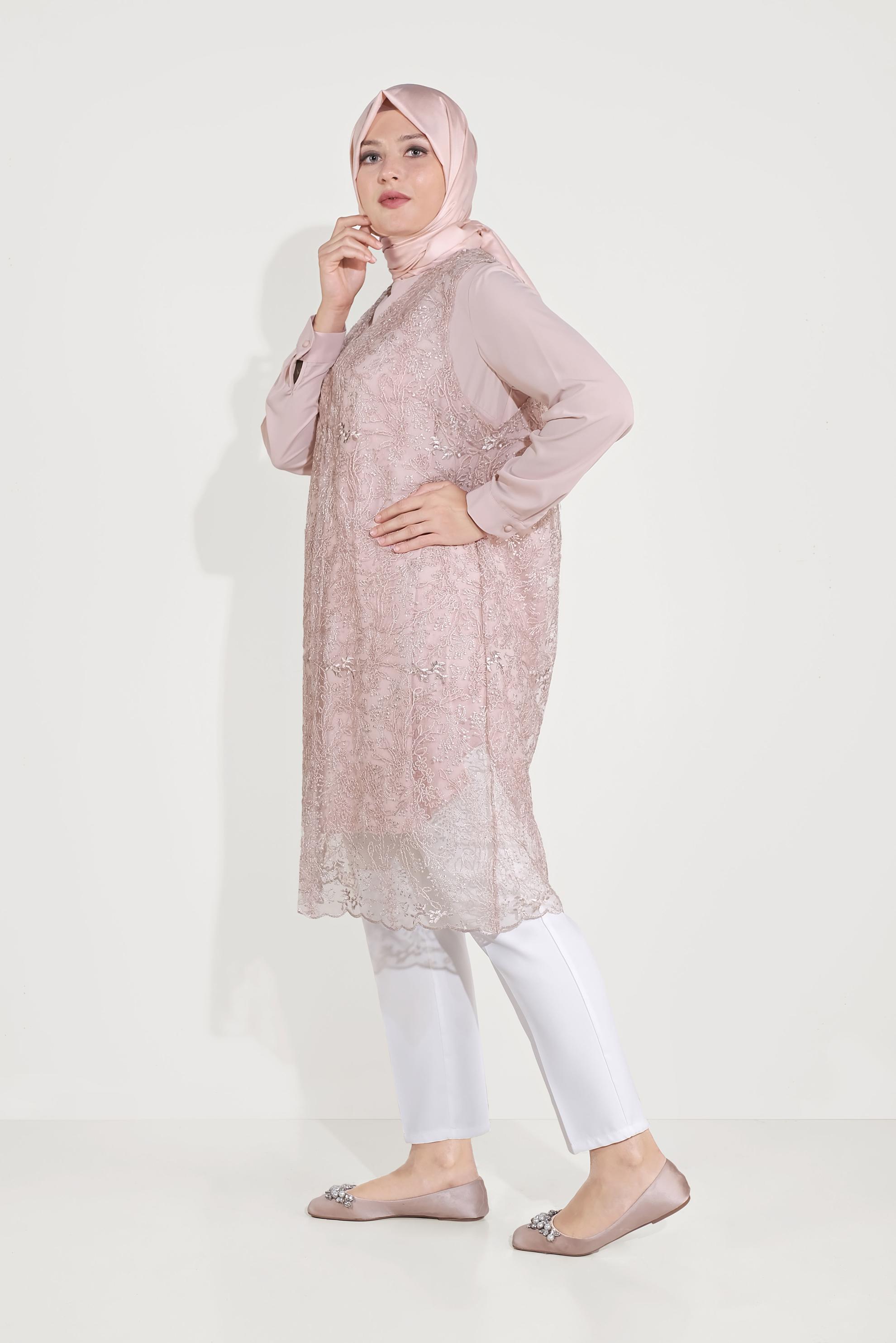 Tesettür giyim PUDRA DANTELLİ SİMLİ İKİLİ TUNİK 20050 