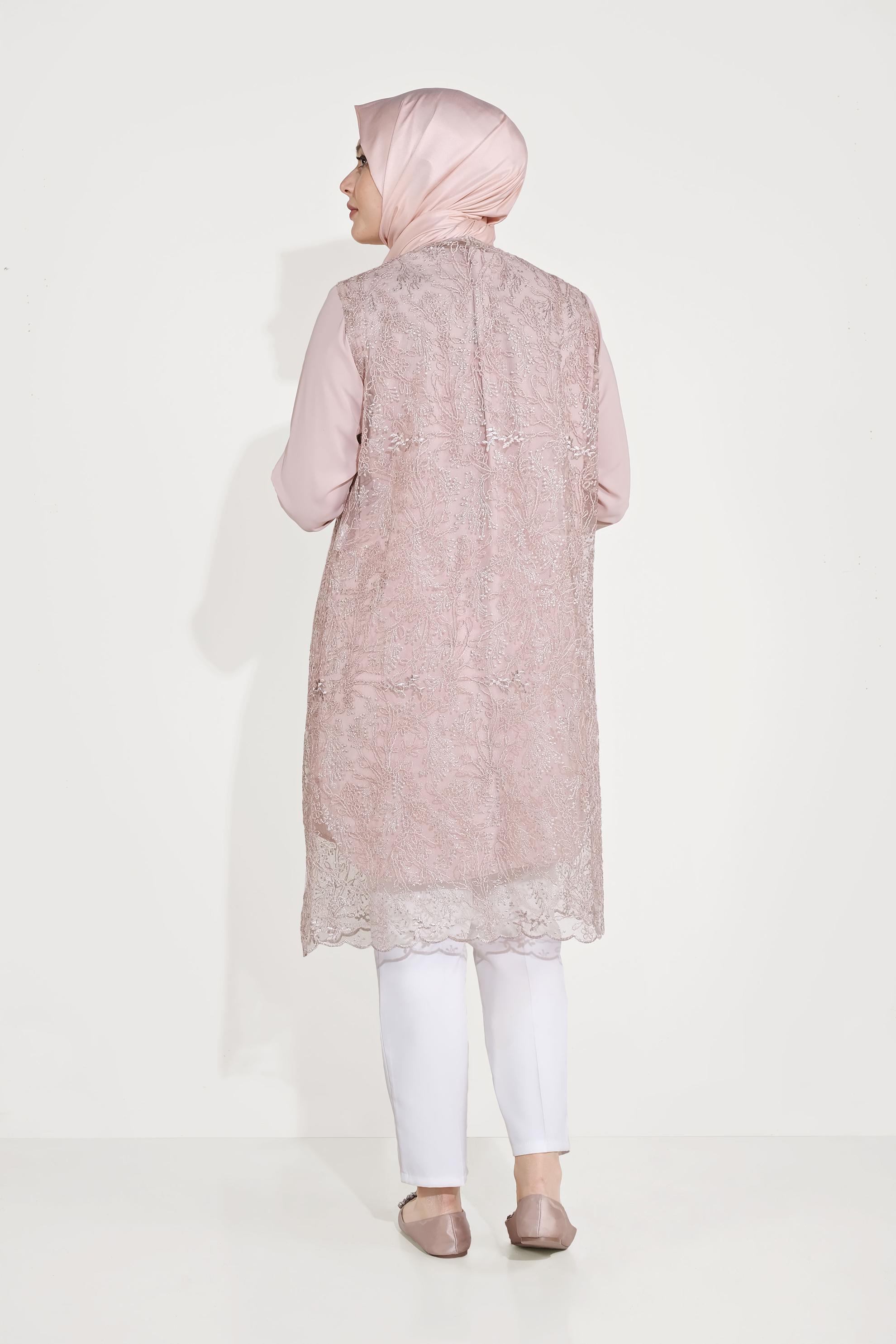 Tesettür giyim PUDRA DANTELLİ SİMLİ İKİLİ TUNİK 20050 