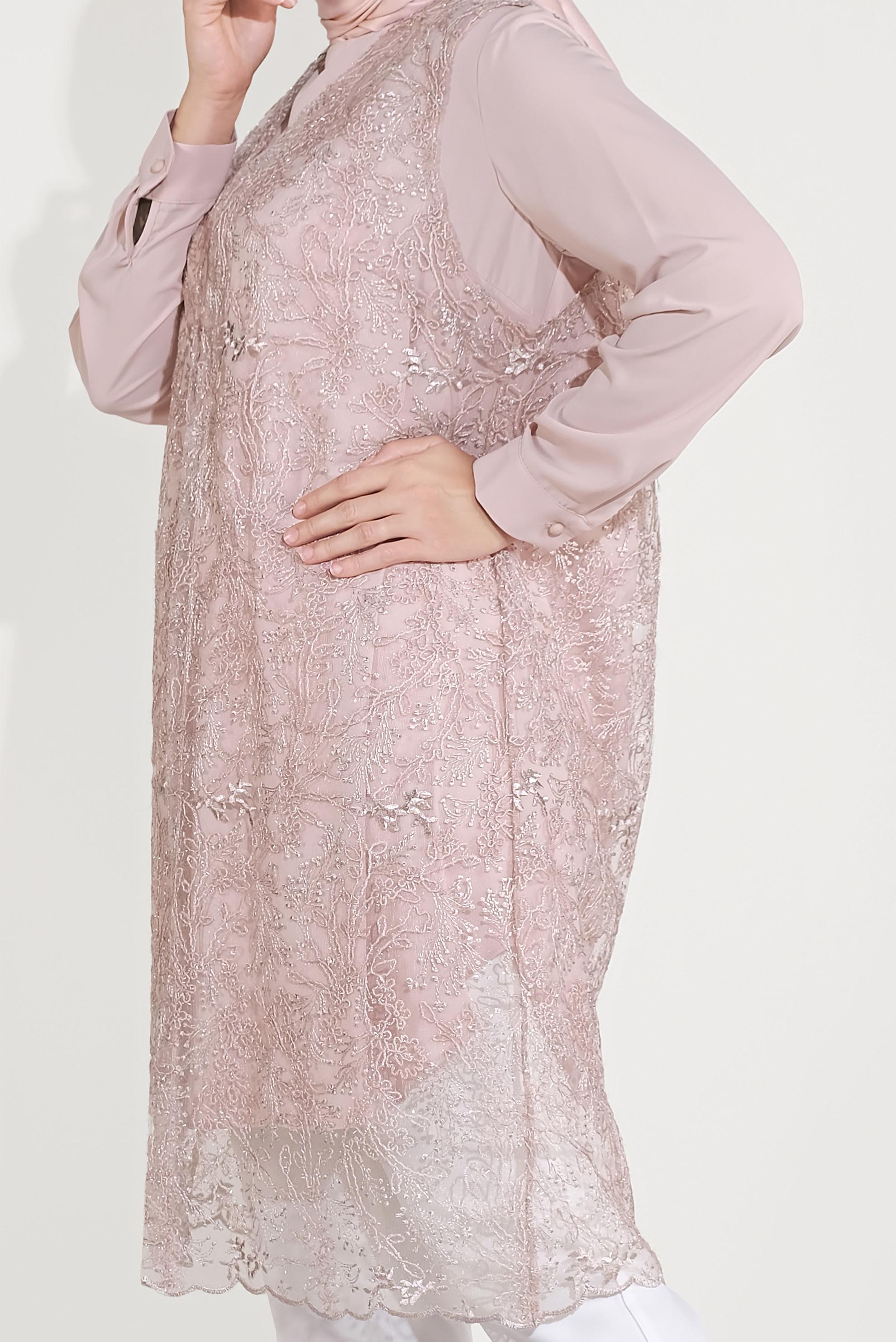 Tesettür giyim PUDRA DANTELLİ SİMLİ İKİLİ TUNİK 20050 