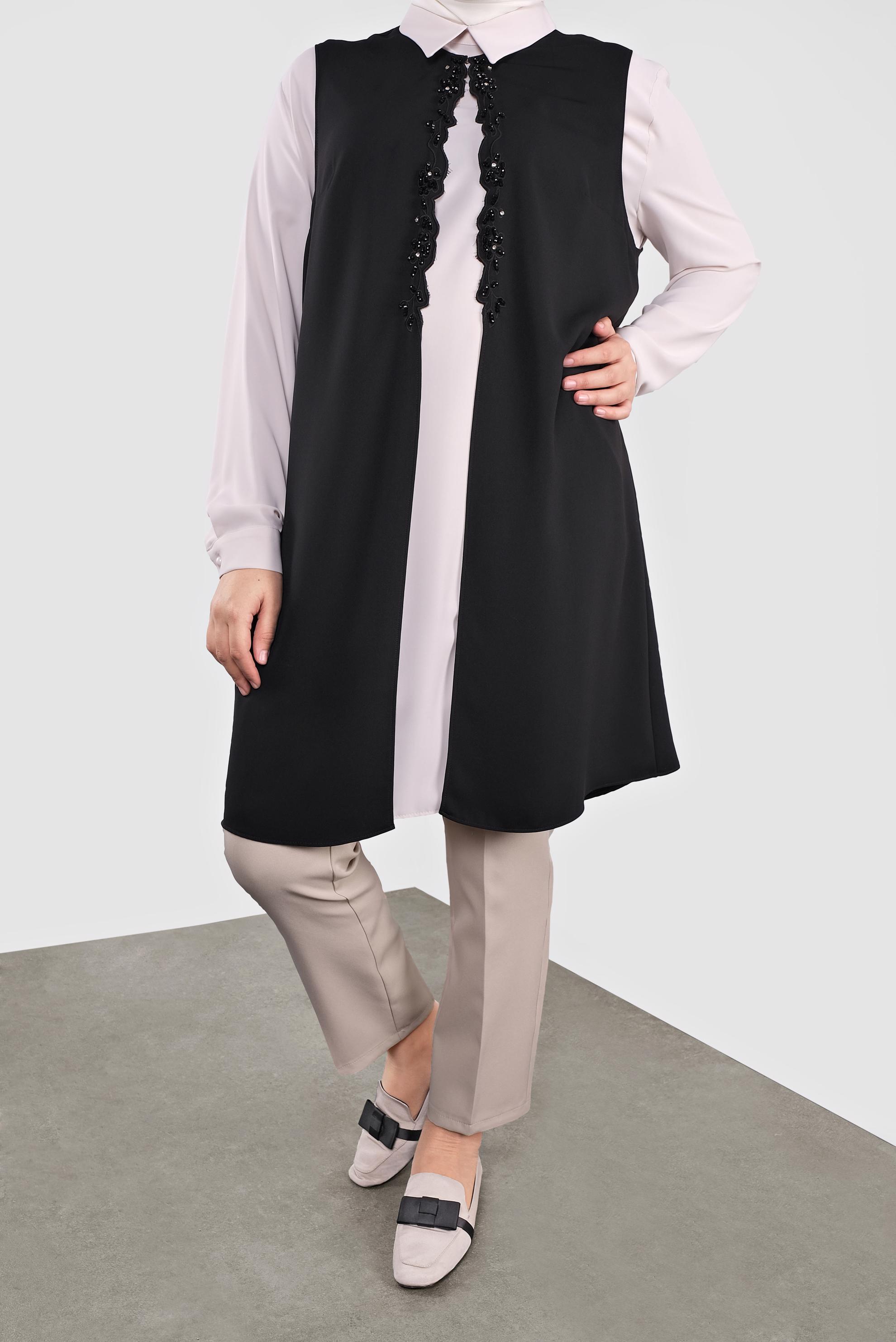 Tesettür giyim SİYAH BONCUKLU İKİLİ TUNİK 20051 