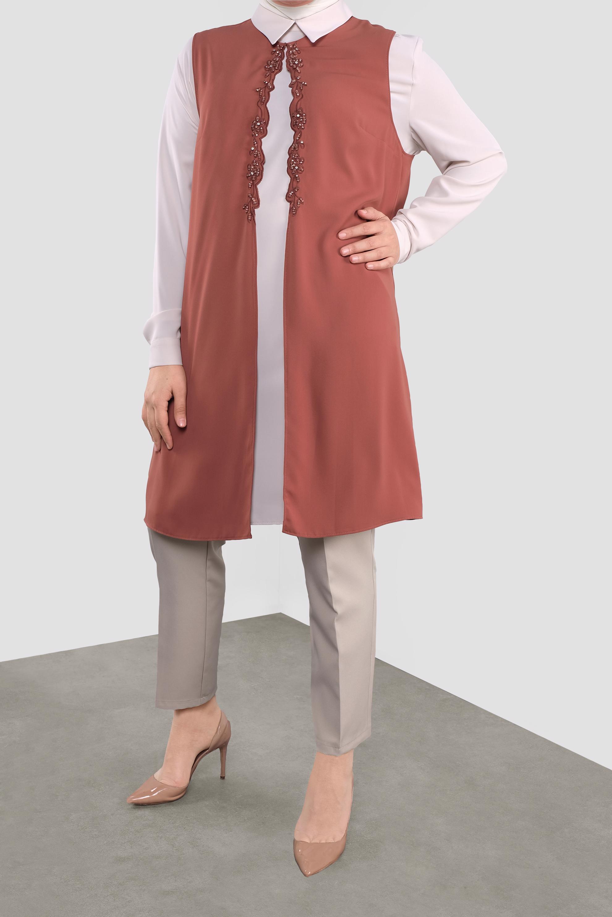 Tesettür giyim TURUNCU BONCUKLU İKİLİ TUNİK 20051 