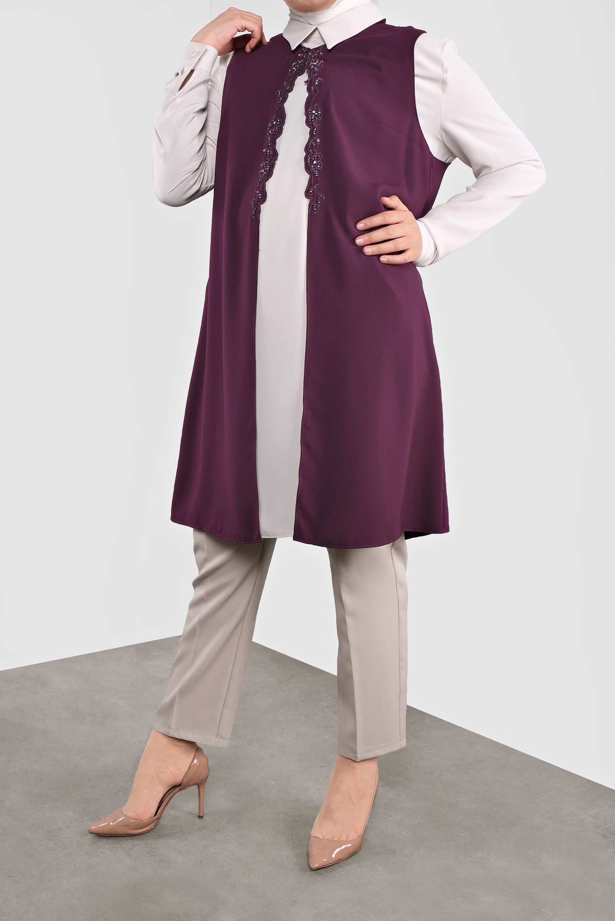 Tesettür giyim BORDO BONCUKLU İKİLİ TUNİK 20051 