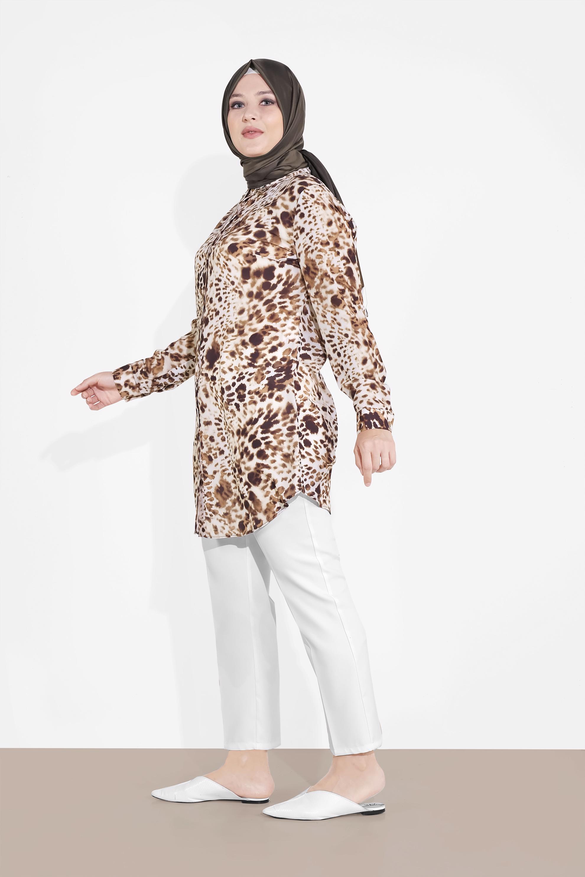 Tesettür giyim KAHVE DESENLİ GÖMLEK YAKA TUNİK 2857 