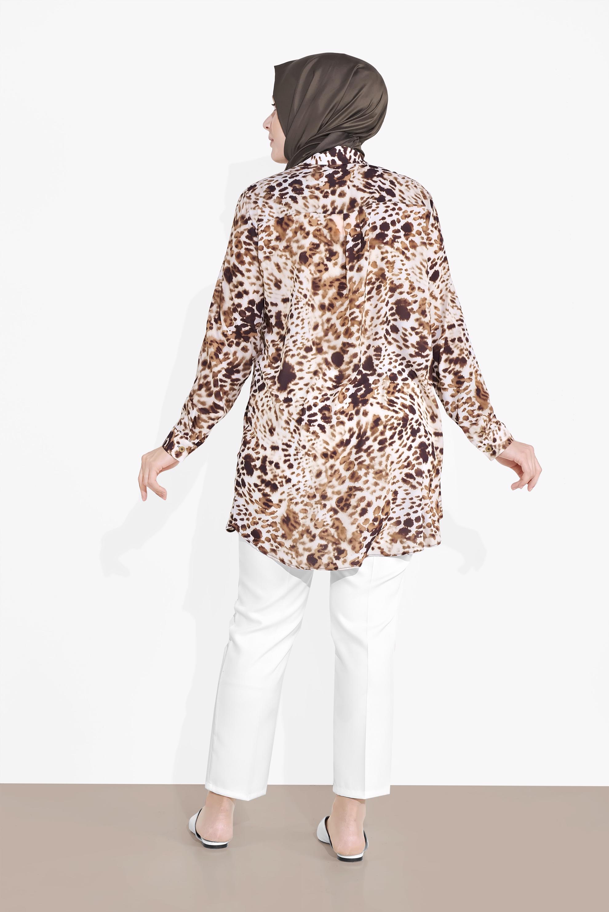 Tesettür giyim KAHVE DESENLİ GÖMLEK YAKA TUNİK 2857 