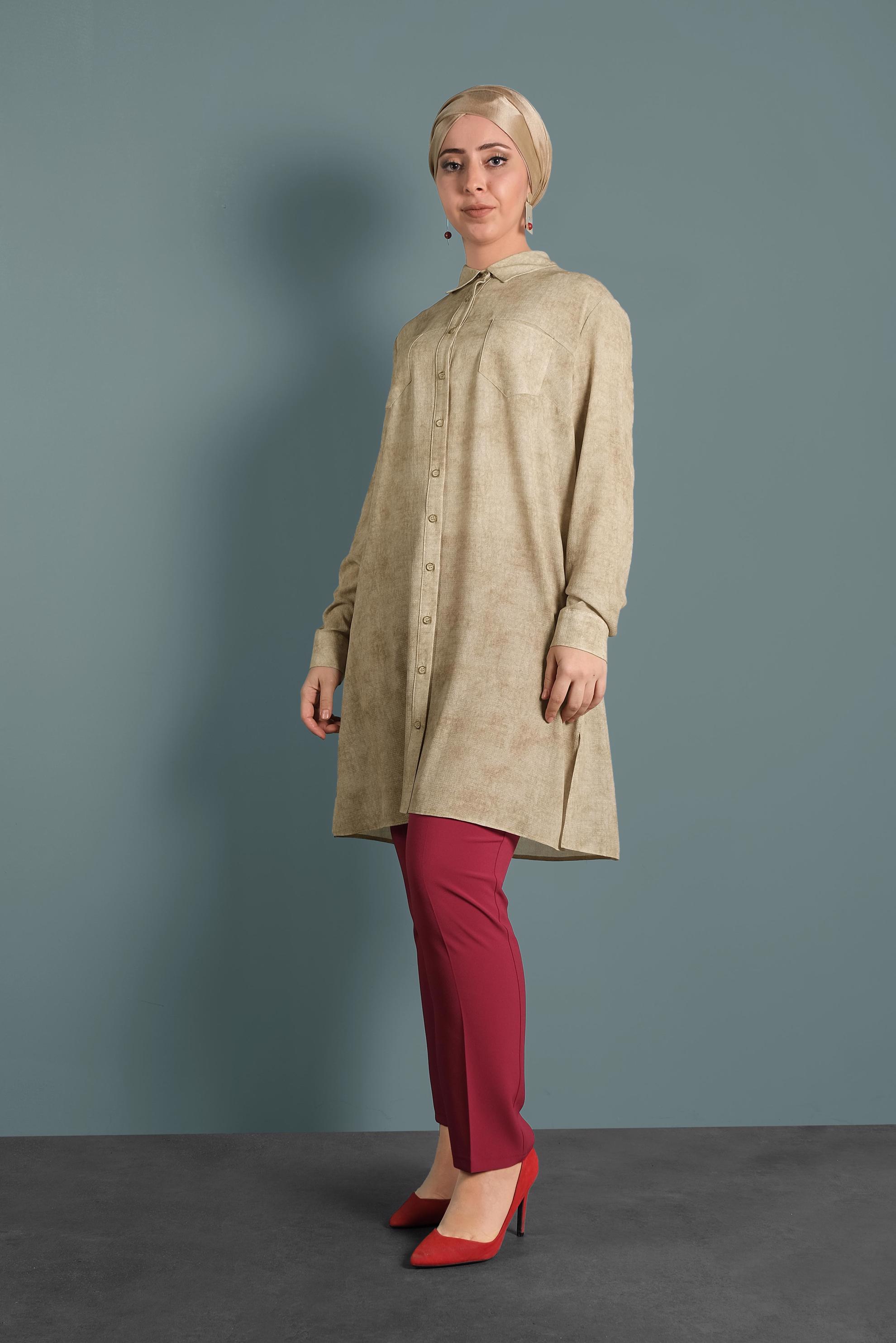 Tesettür giyim KAHVE ERKEK YAKA DESENLİ TUNİK 2870