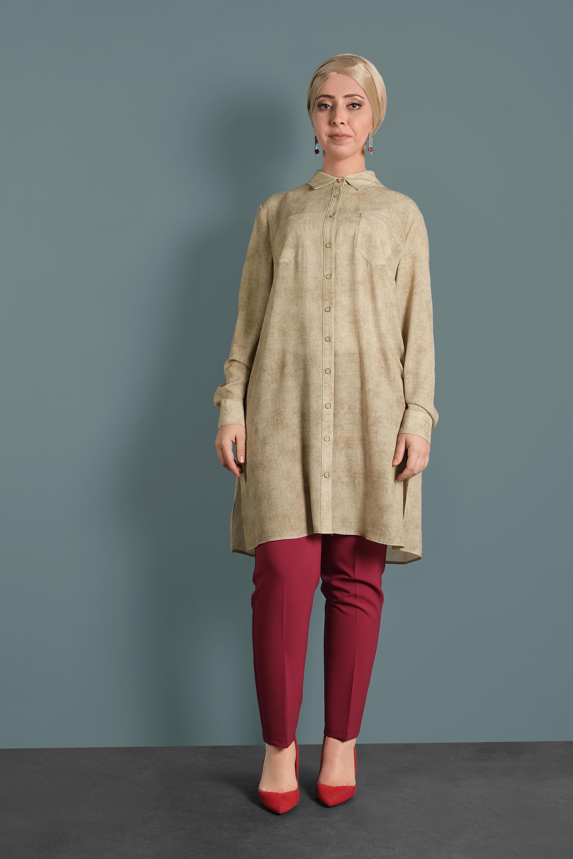 Tesettür giyim KAHVE ERKEK YAKA DESENLİ TUNİK 2870