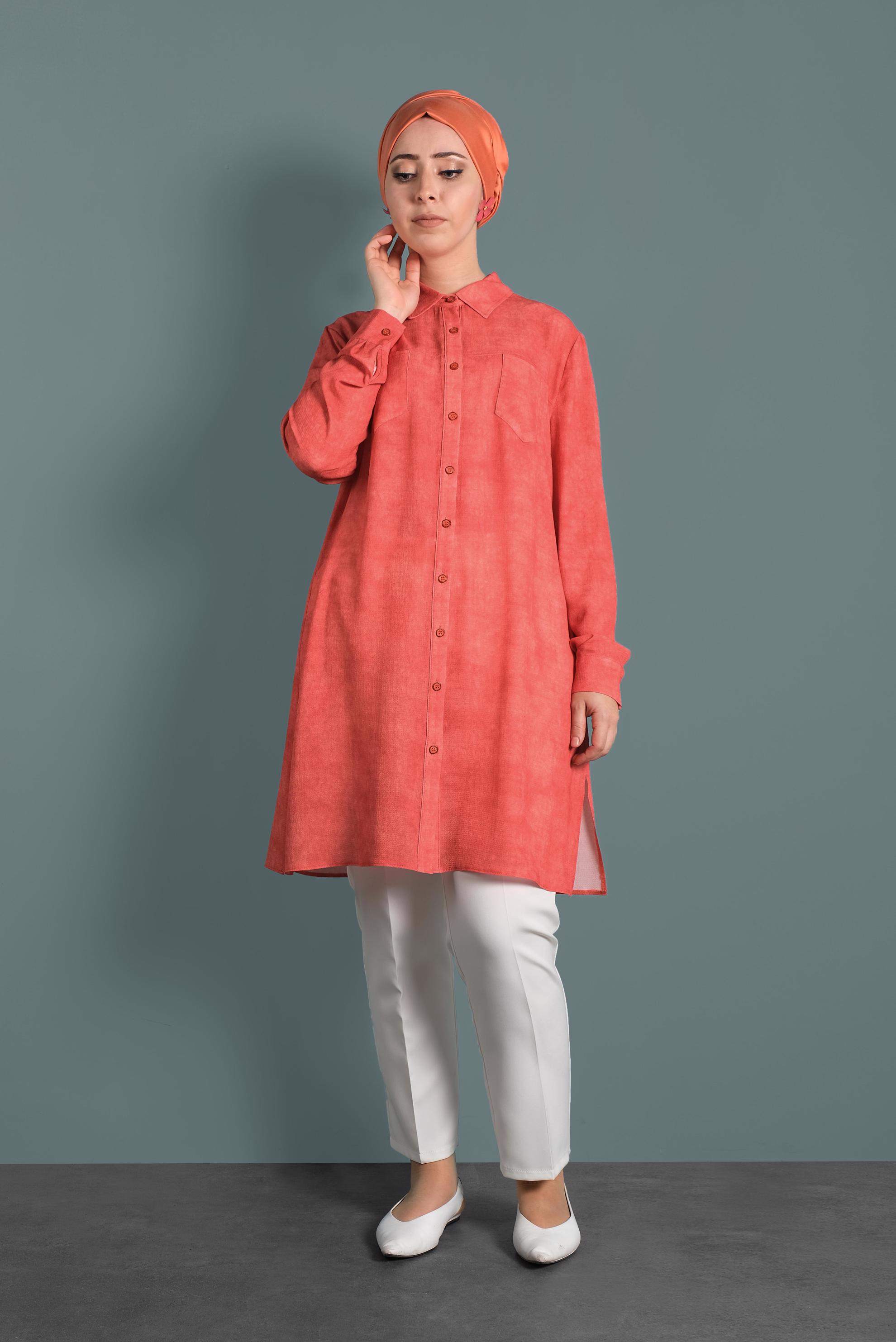 Tesettür giyim TURUNCU ERKEK YAKA DESENLİ TUNİK 2870