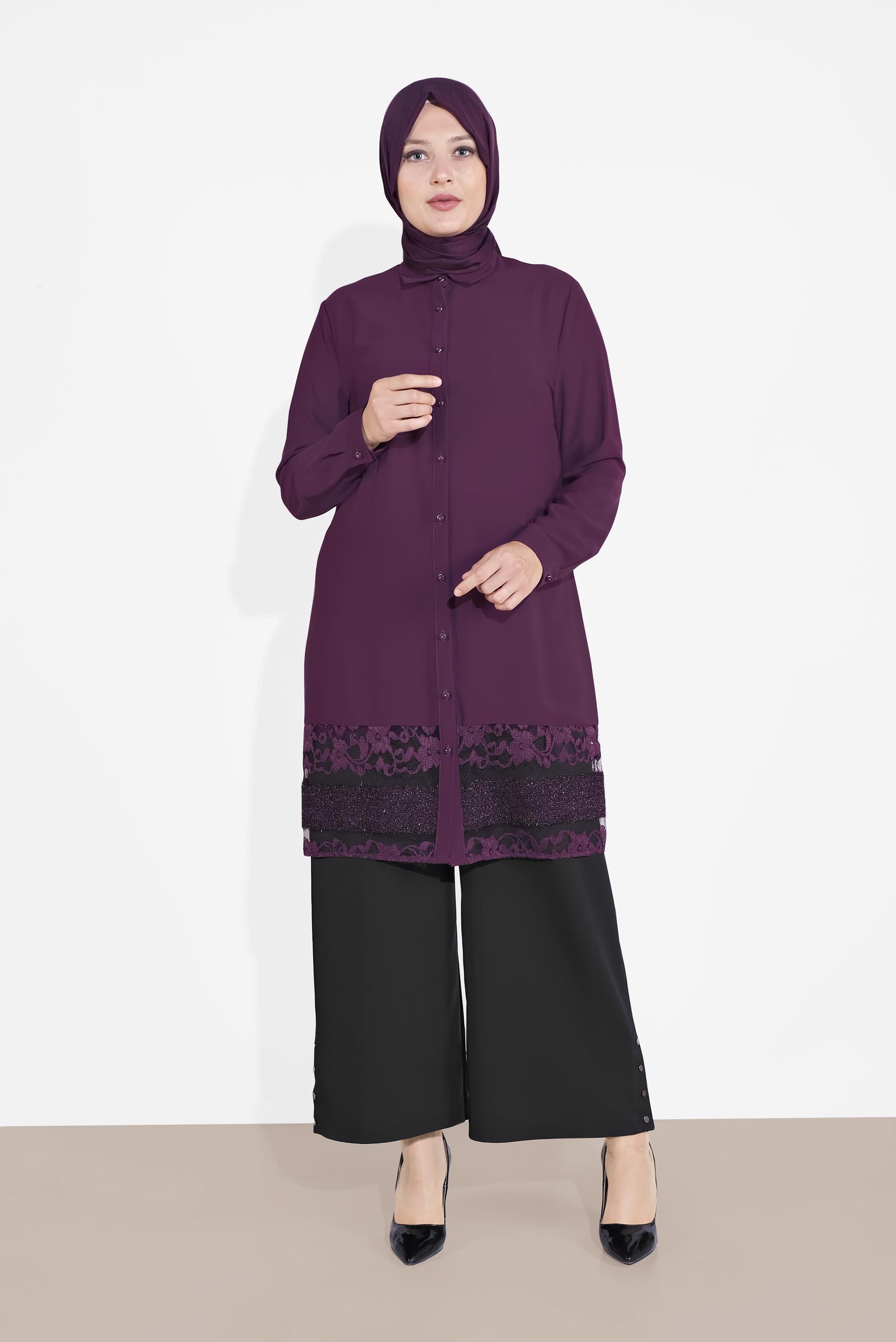 Tesettür giyim MOR BOYDAN DANTELLİ TUNİK 2888 