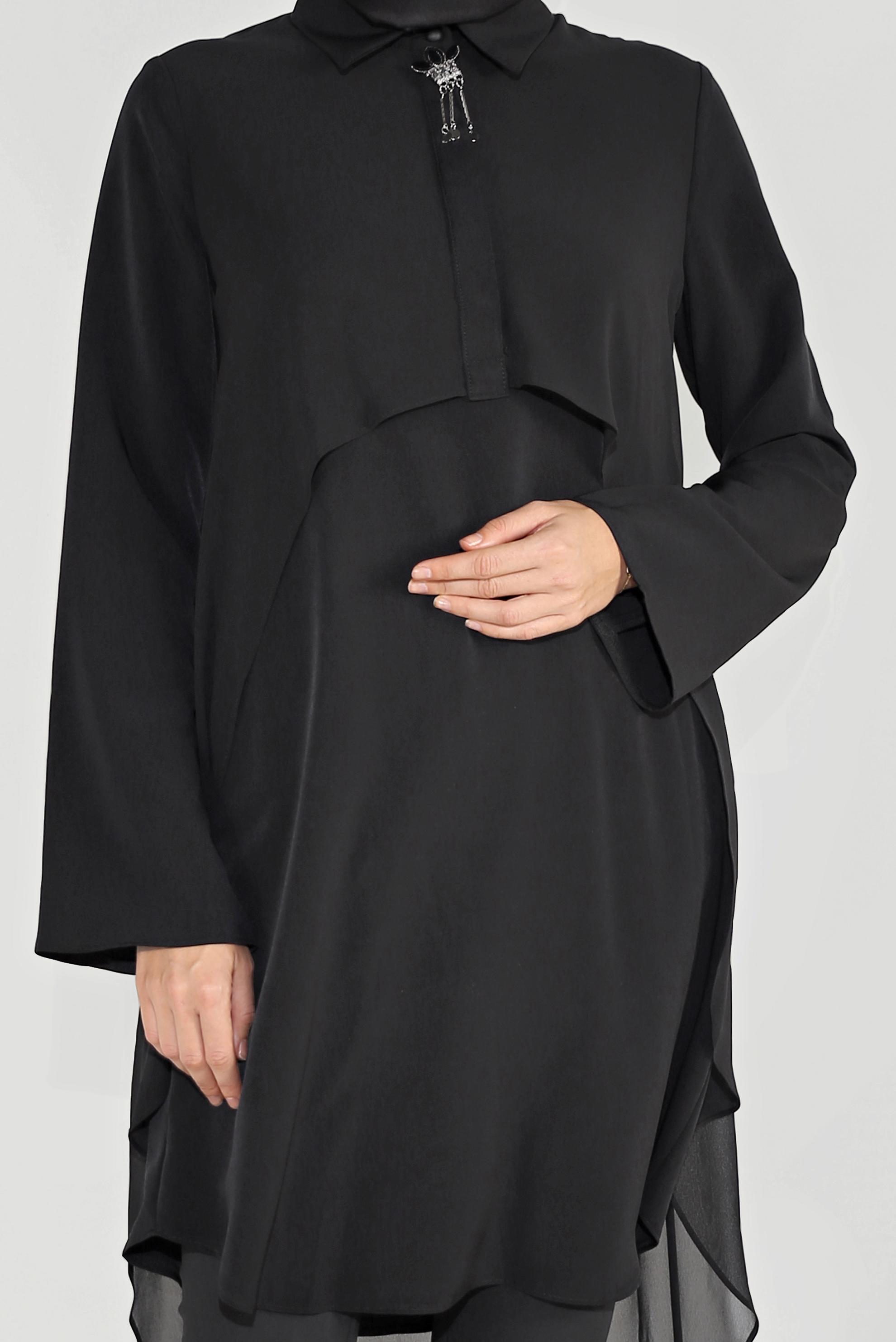 Tesettür giyim SİYAH BROŞLU ŞİFON TUNİK 4015
