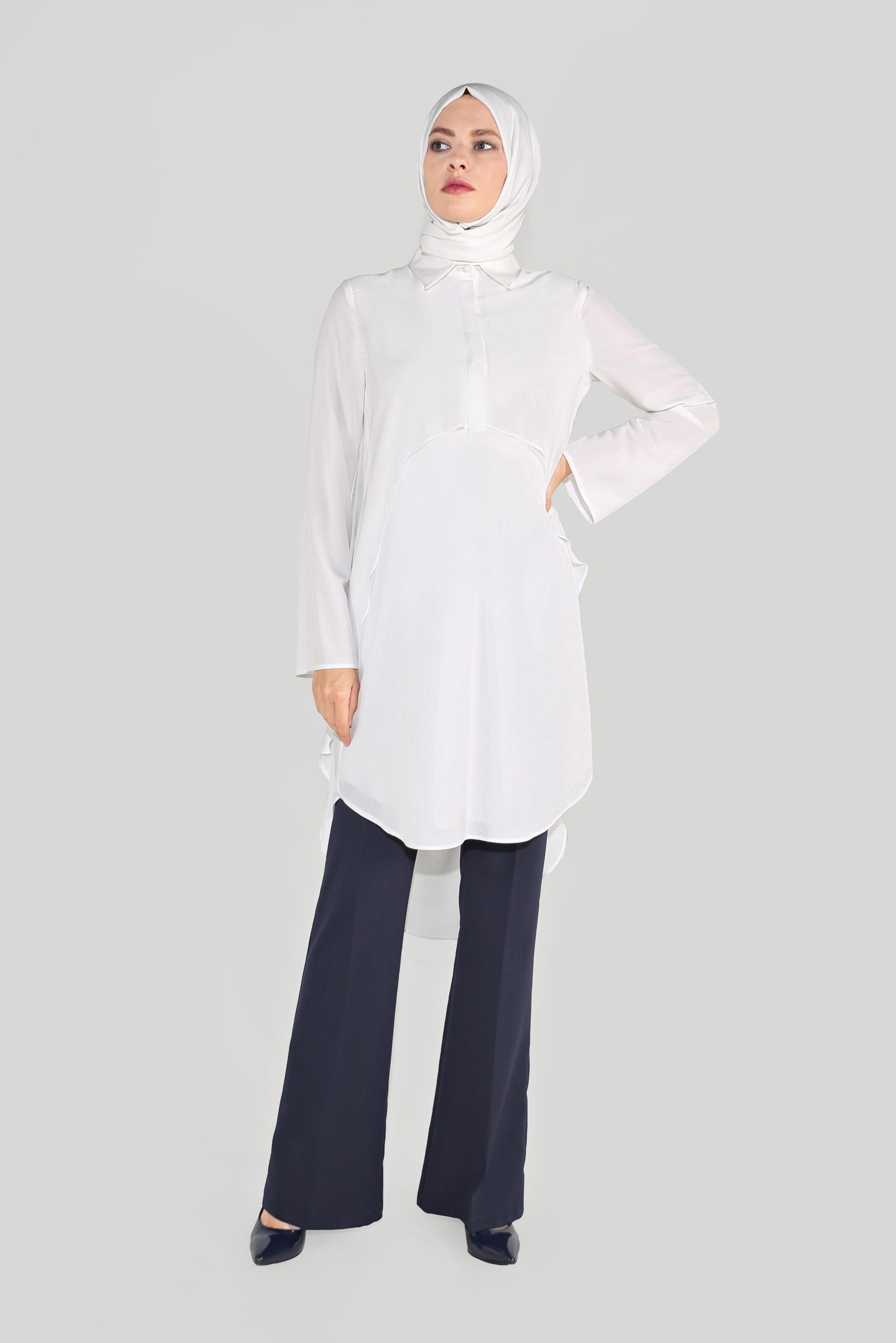 Tesettür giyim BEYAZ BROŞLU ŞİFON TUNİK 4015