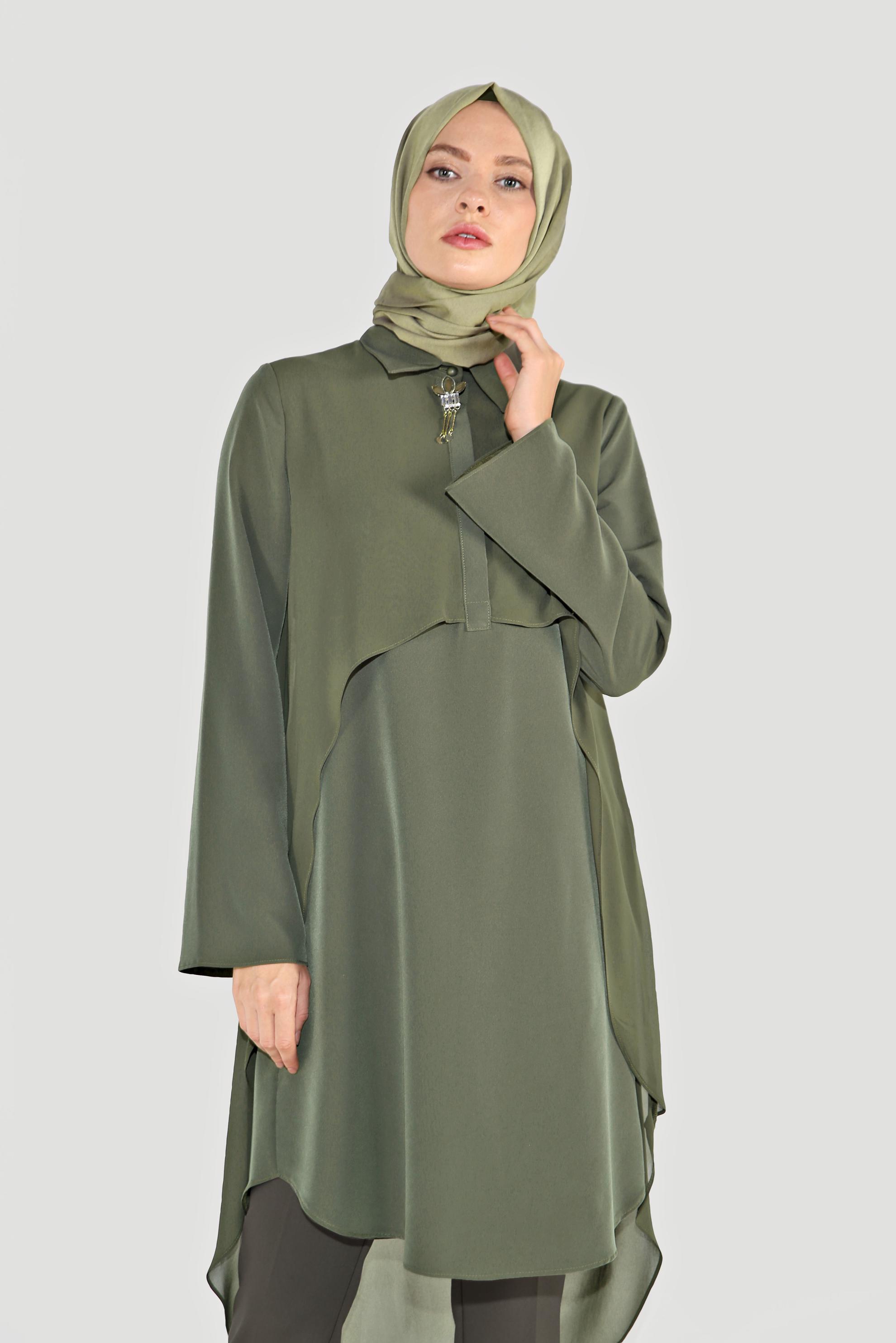 Tesettür giyim HAKİ BROŞLU ŞİFON TUNİK 4015