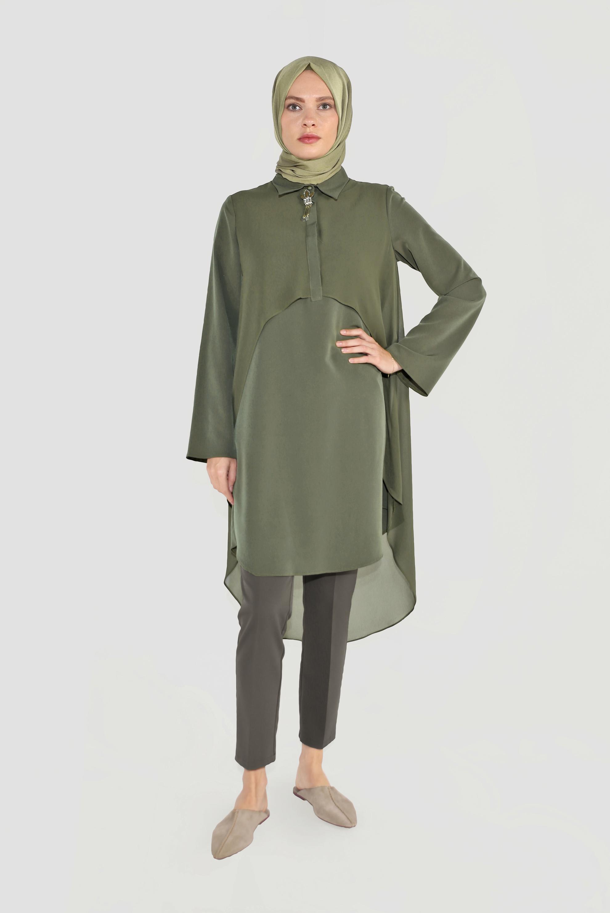 Tesettür giyim HAKİ BROŞLU ŞİFON TUNİK 4015