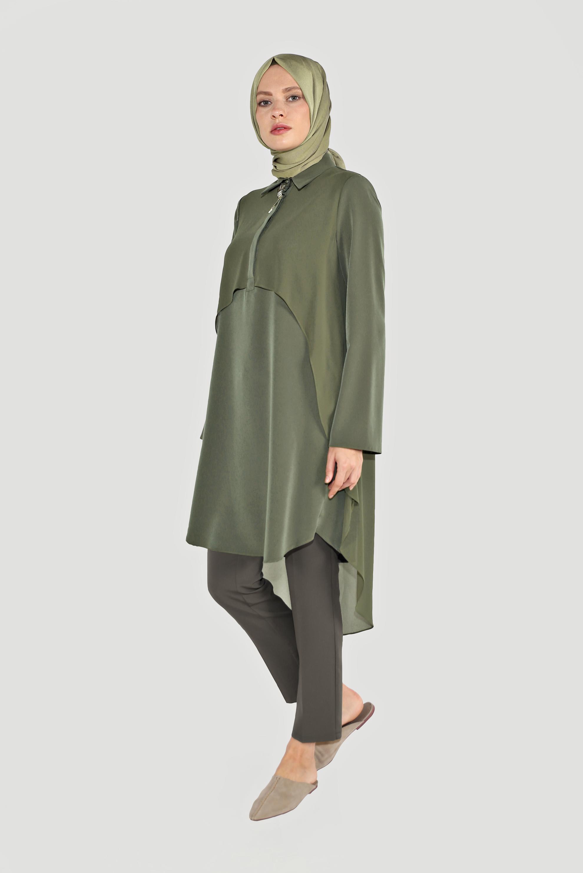 Tesettür giyim HAKİ BROŞLU ŞİFON TUNİK 4015