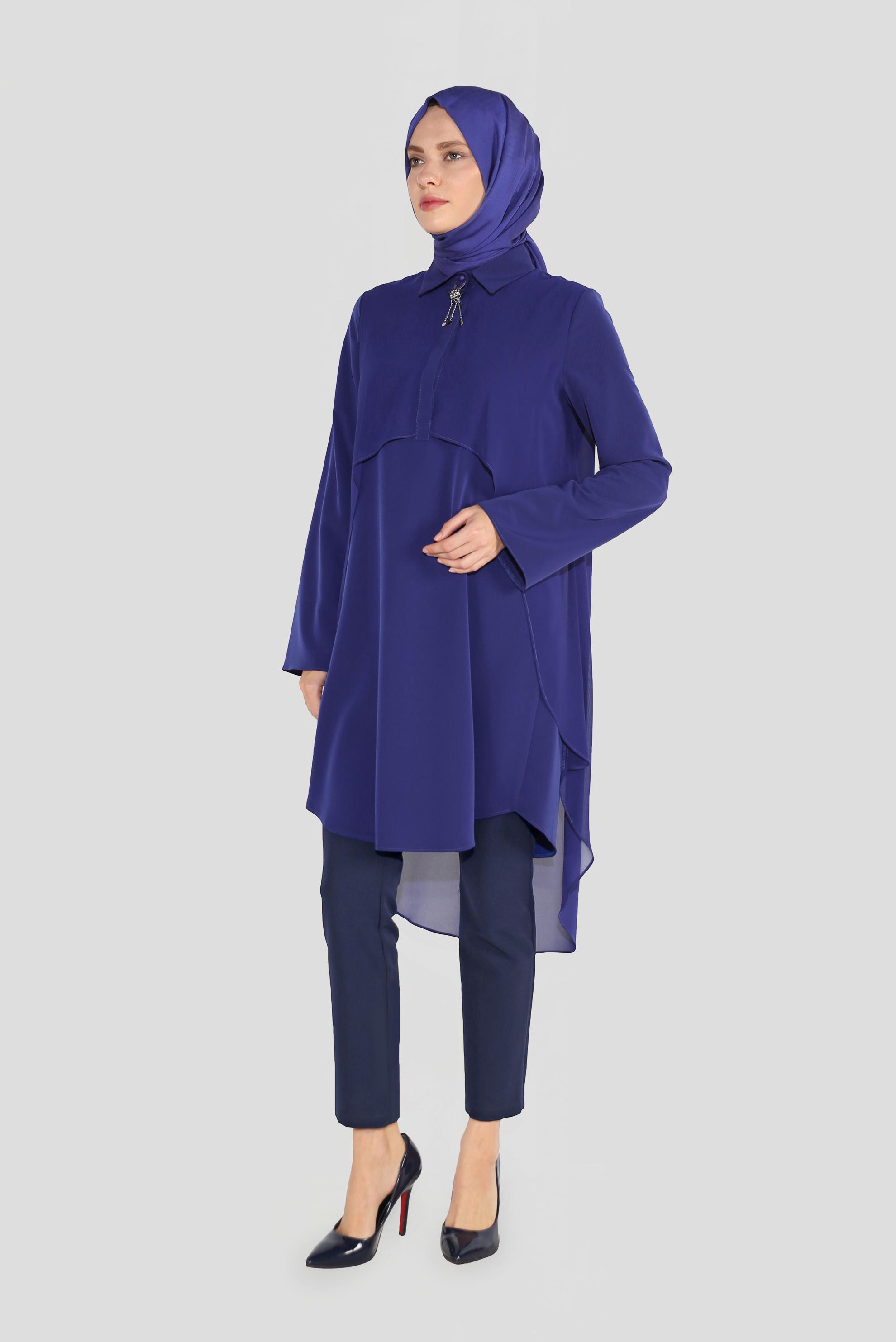Tesettür giyim MAVİ BROŞLU ŞİFON TUNİK 4015