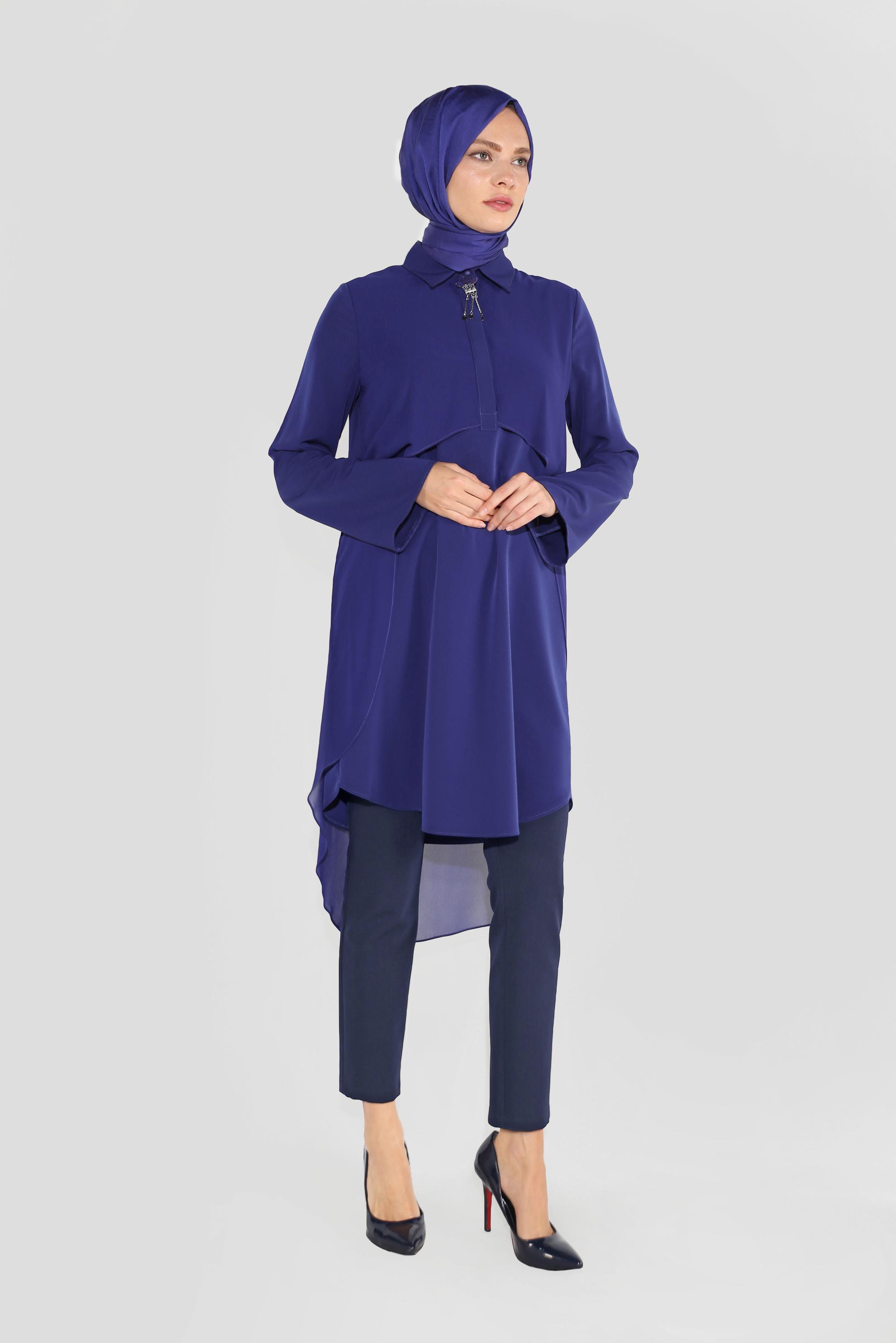 Tesettür giyim MAVİ BROŞLU ŞİFON TUNİK 4015