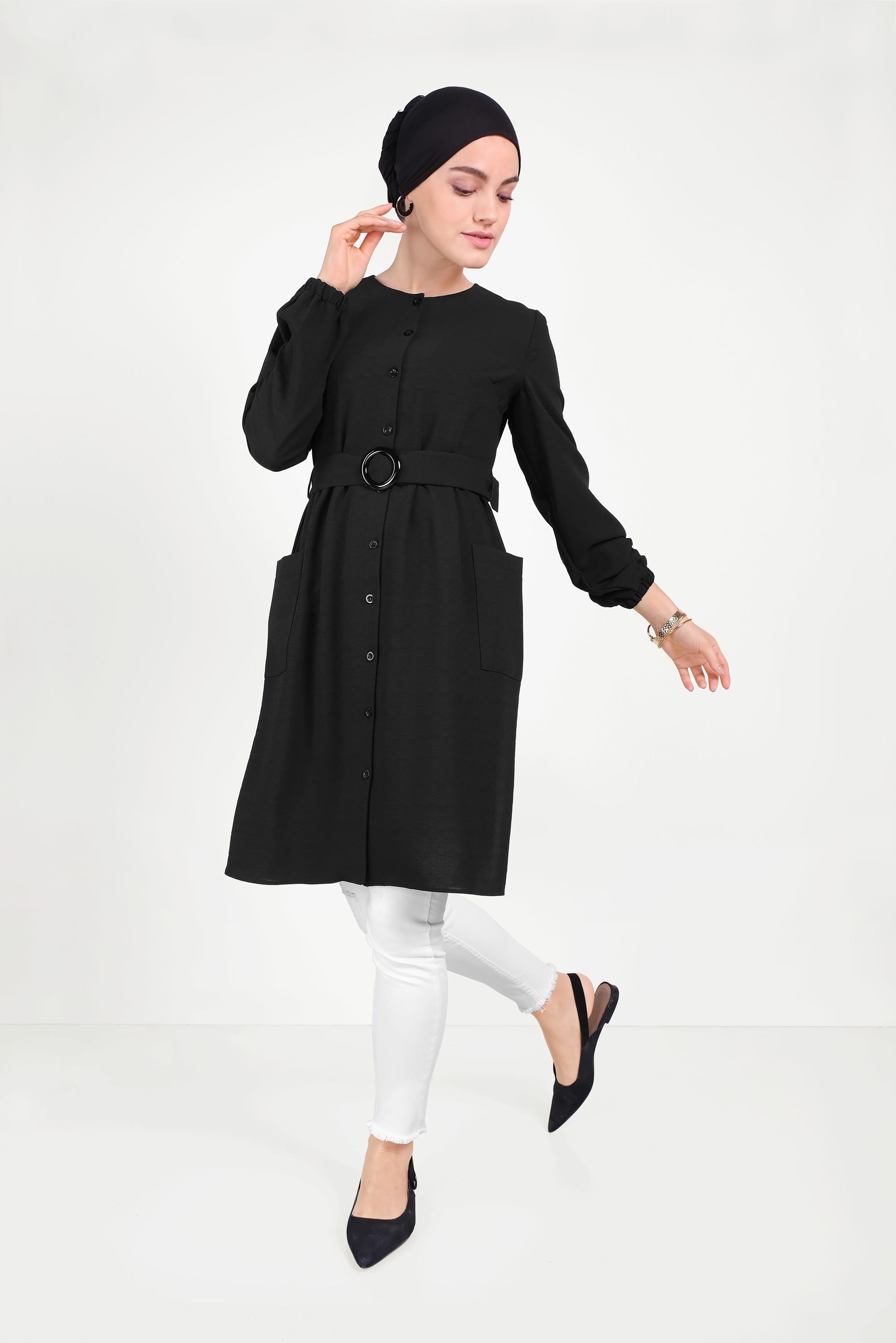 Tesettür giyim SİYAH CEP DETAYLI DÜĞMELİ TUNİK 40151