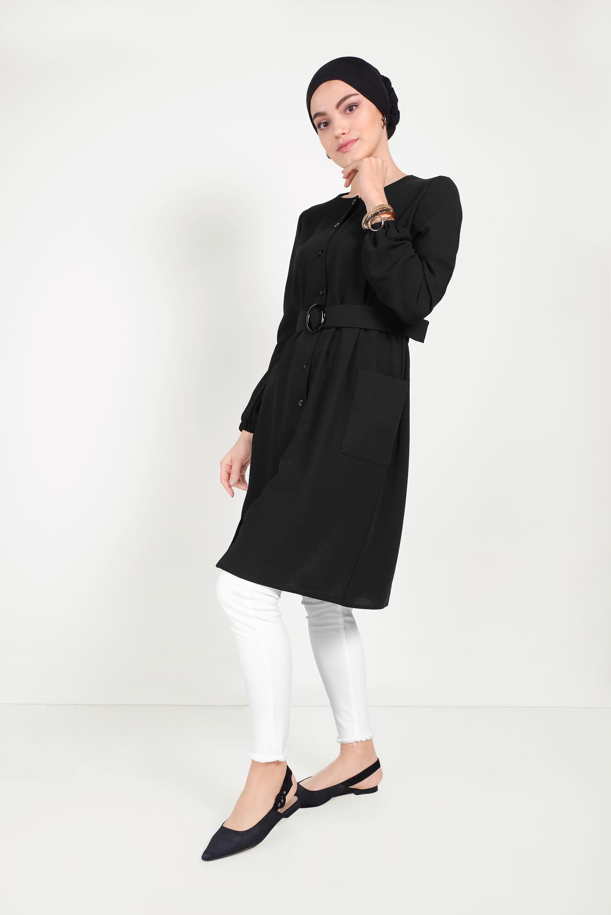 Tesettür giyim SİYAH CEP DETAYLI DÜĞMELİ TUNİK 40151