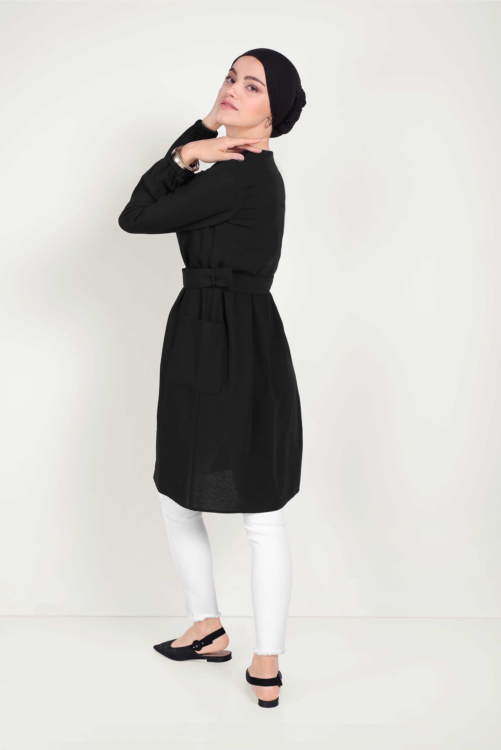 Tesettür giyim SİYAH CEP DETAYLI DÜĞMELİ TUNİK 40151