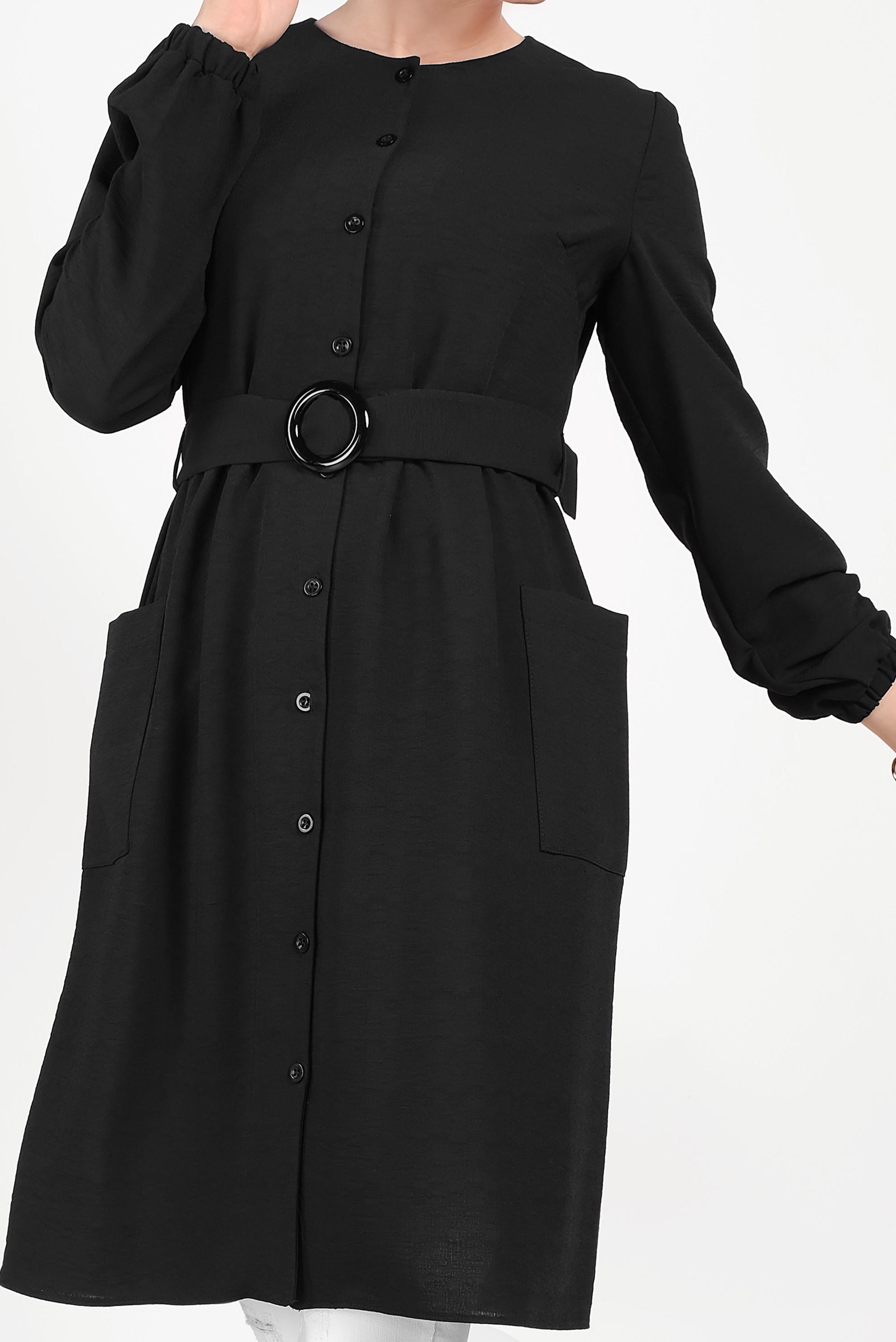 Tesettür giyim SİYAH CEP DETAYLI DÜĞMELİ TUNİK 40151