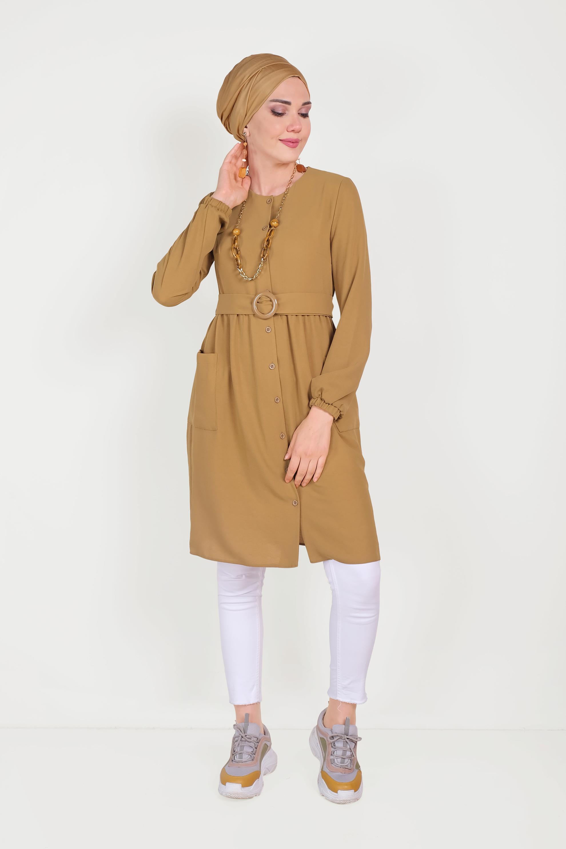 Tesettür giyim SARI CEP DETAYLI DÜĞMELİ TUNİK 40151