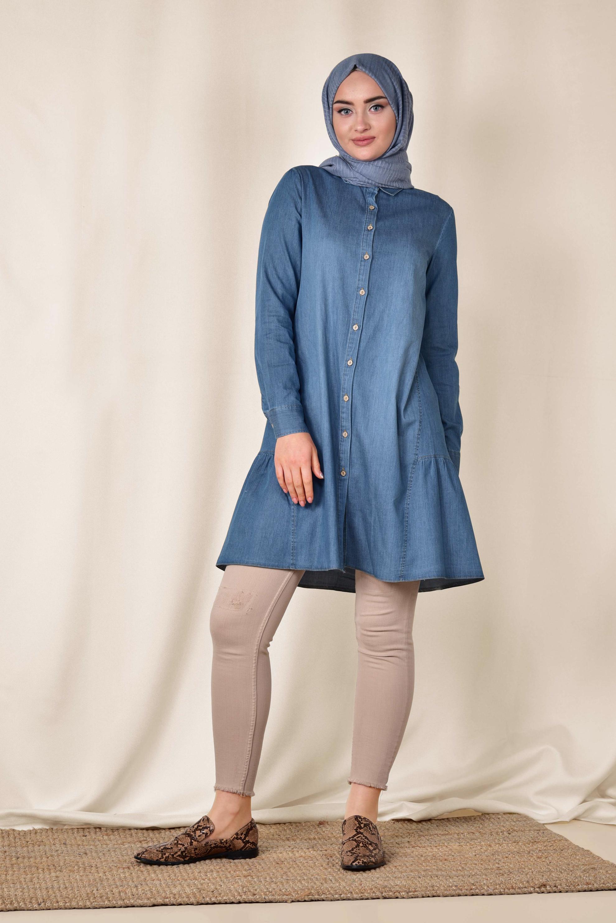 Tesettür giyim LACİVERT BOYDAN DÜĞMELİ DENİM TUNİK 4021