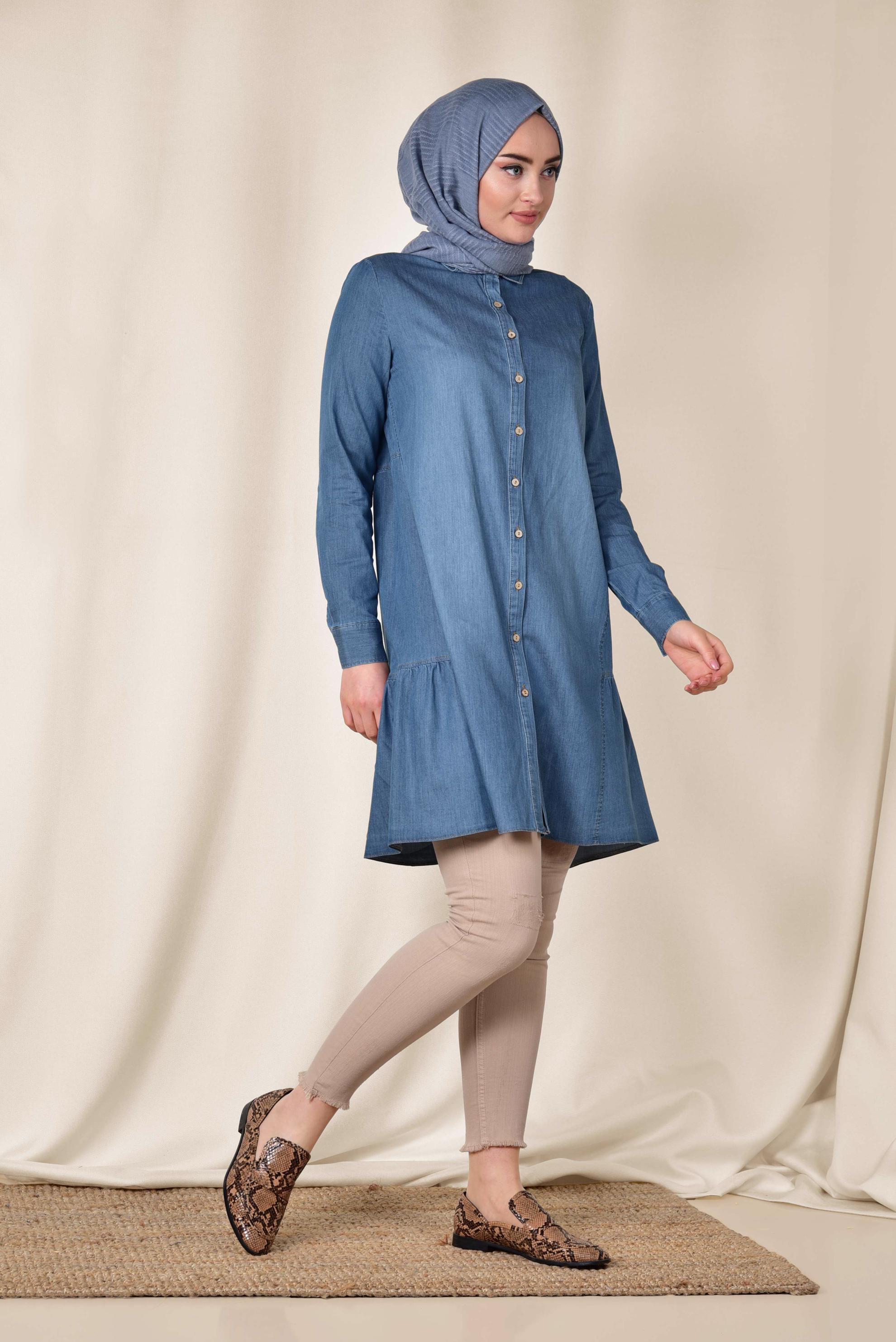 Tesettür giyim LACİVERT BOYDAN DÜĞMELİ DENİM TUNİK 4021